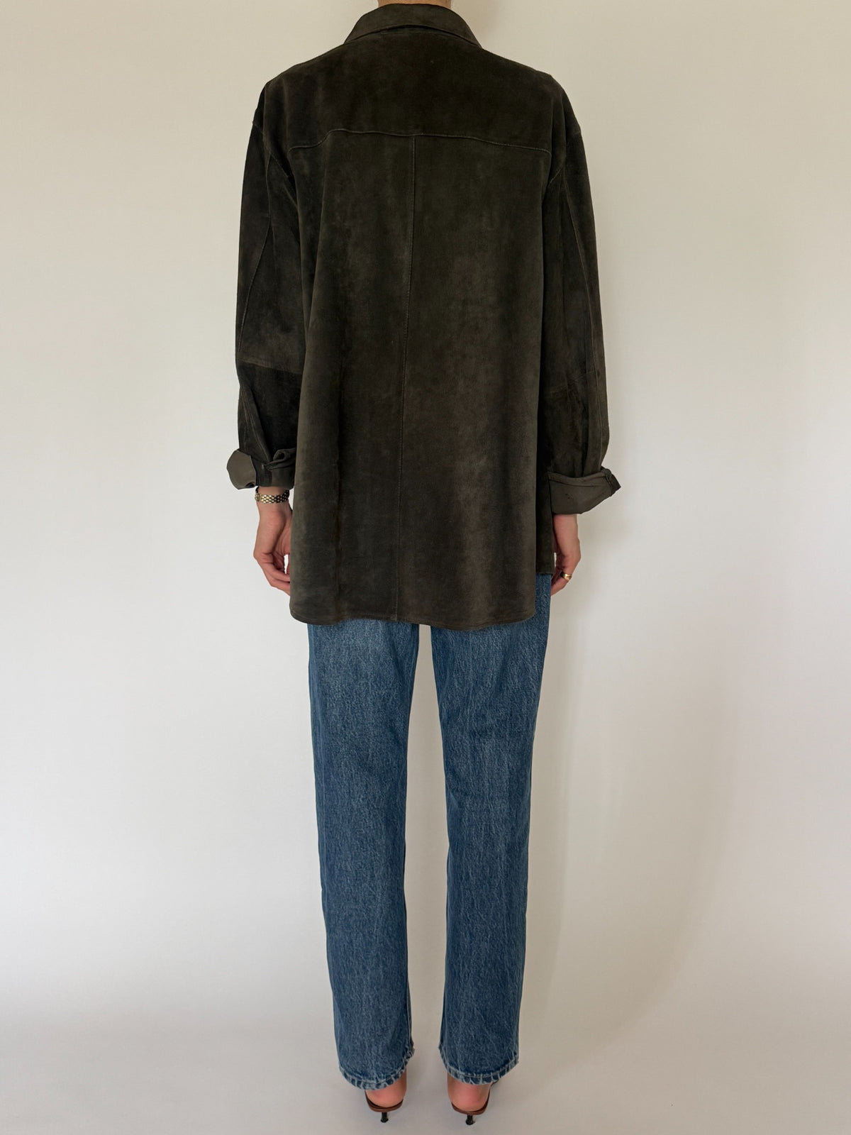 Vintage suede leather overshirt dark forest green relaxed front view