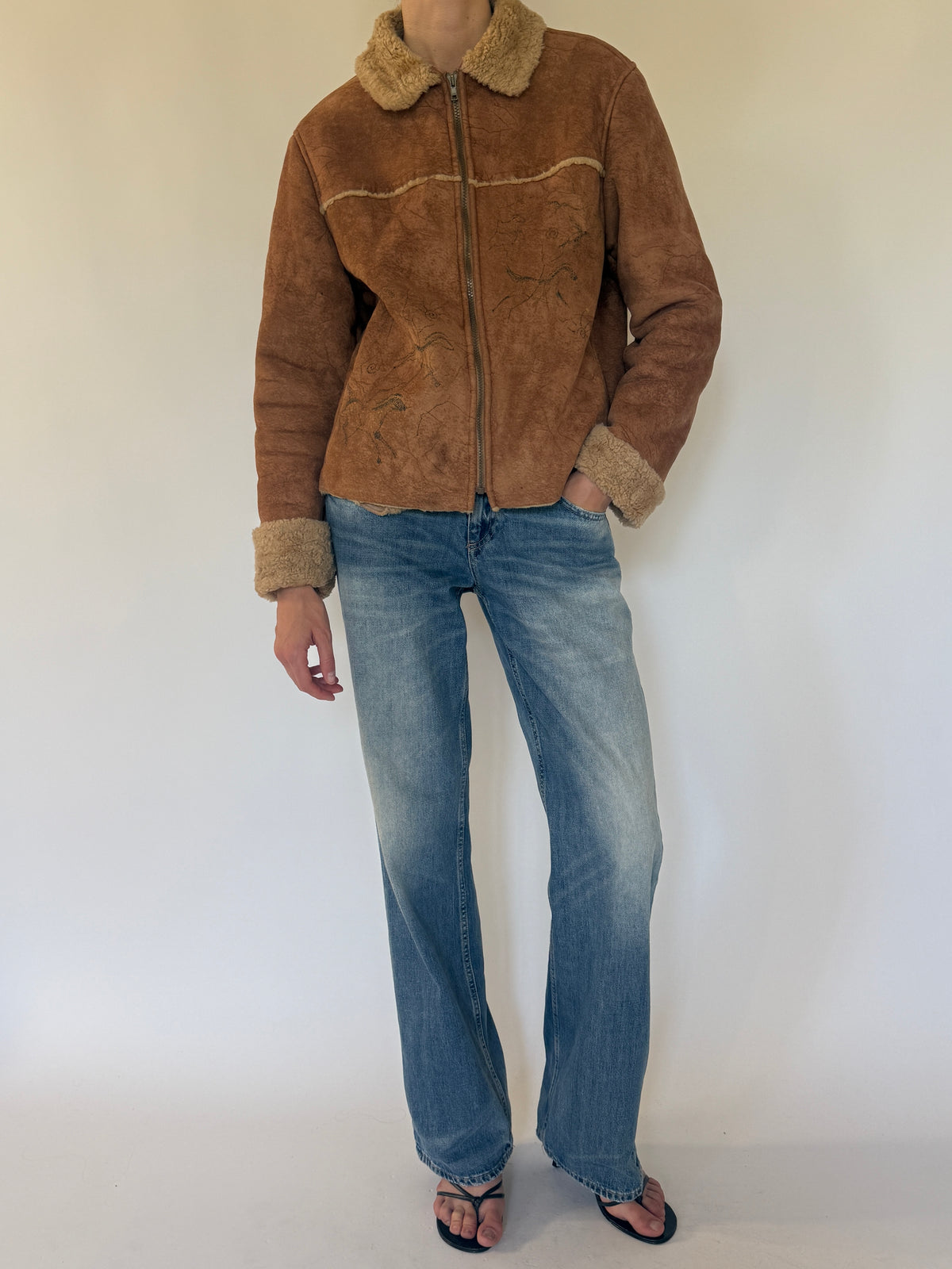 Vintage brown faux shearling jacket front view