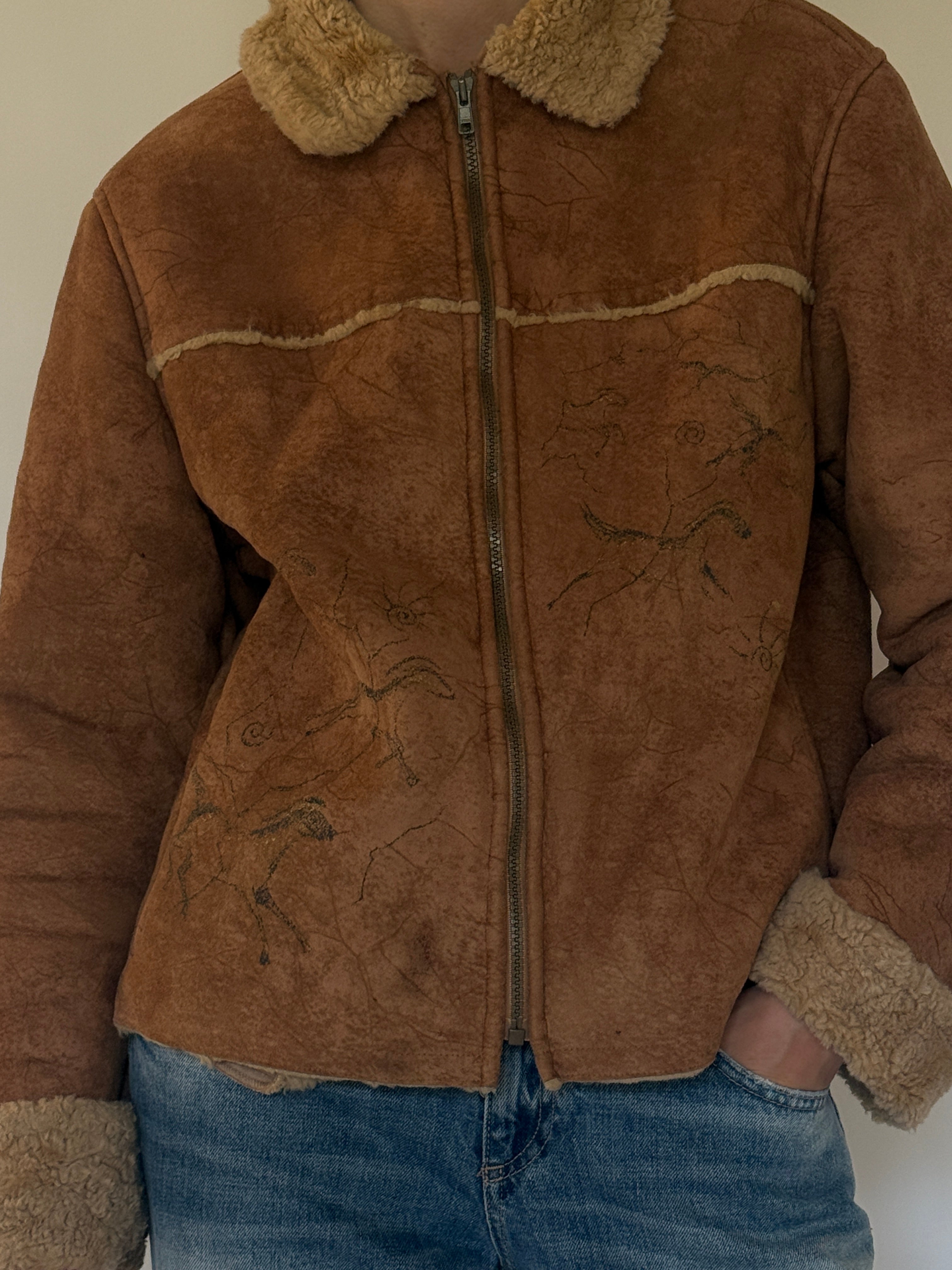 Vintage brown faux shearling jacket front view