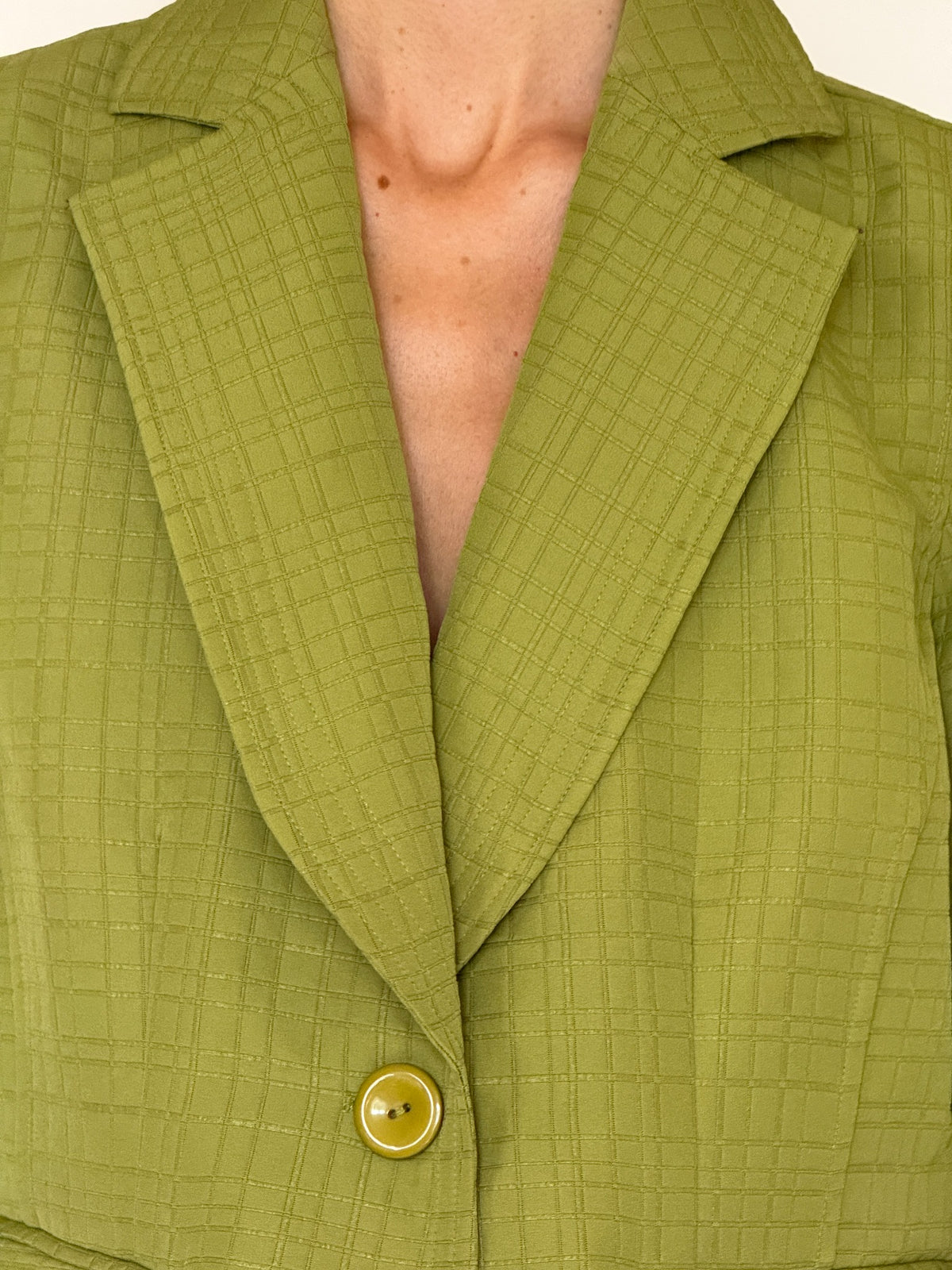 Vintage chartreuse textured blazer lapel and button detail