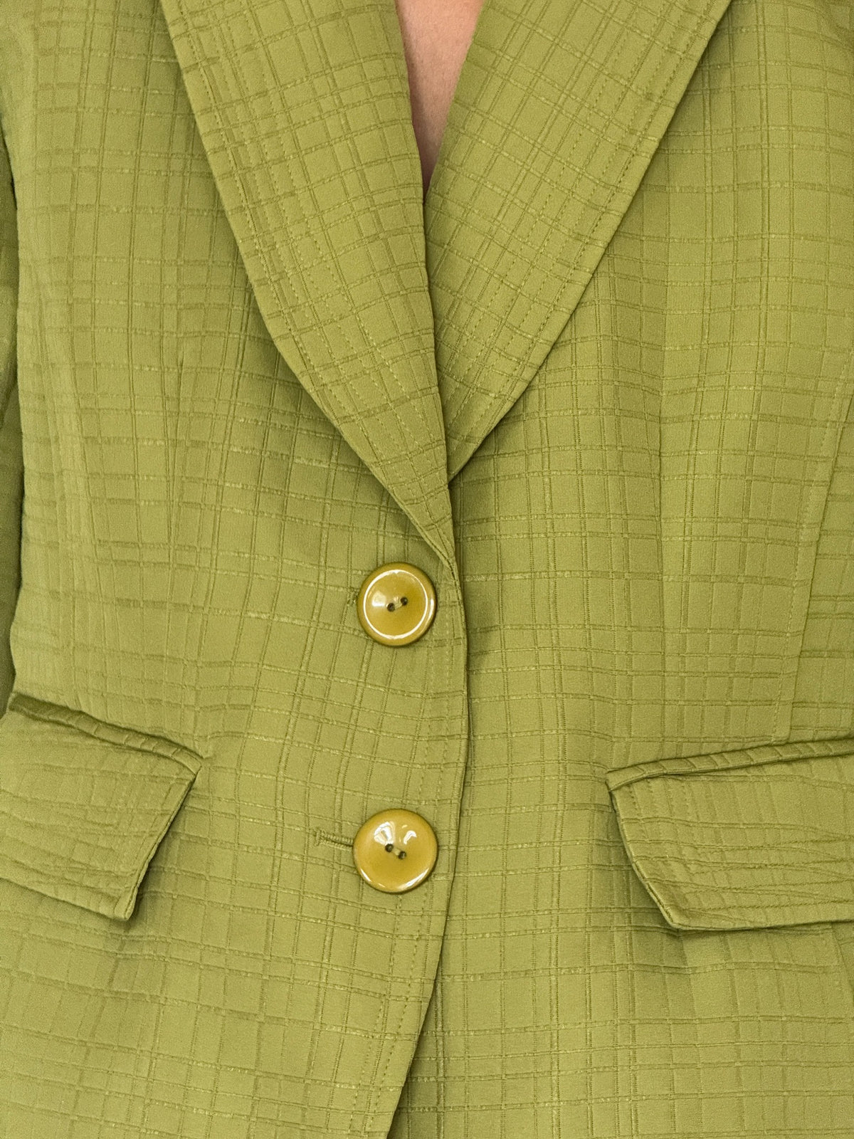 Vintage chartreuse textured blazer button and pocket detail