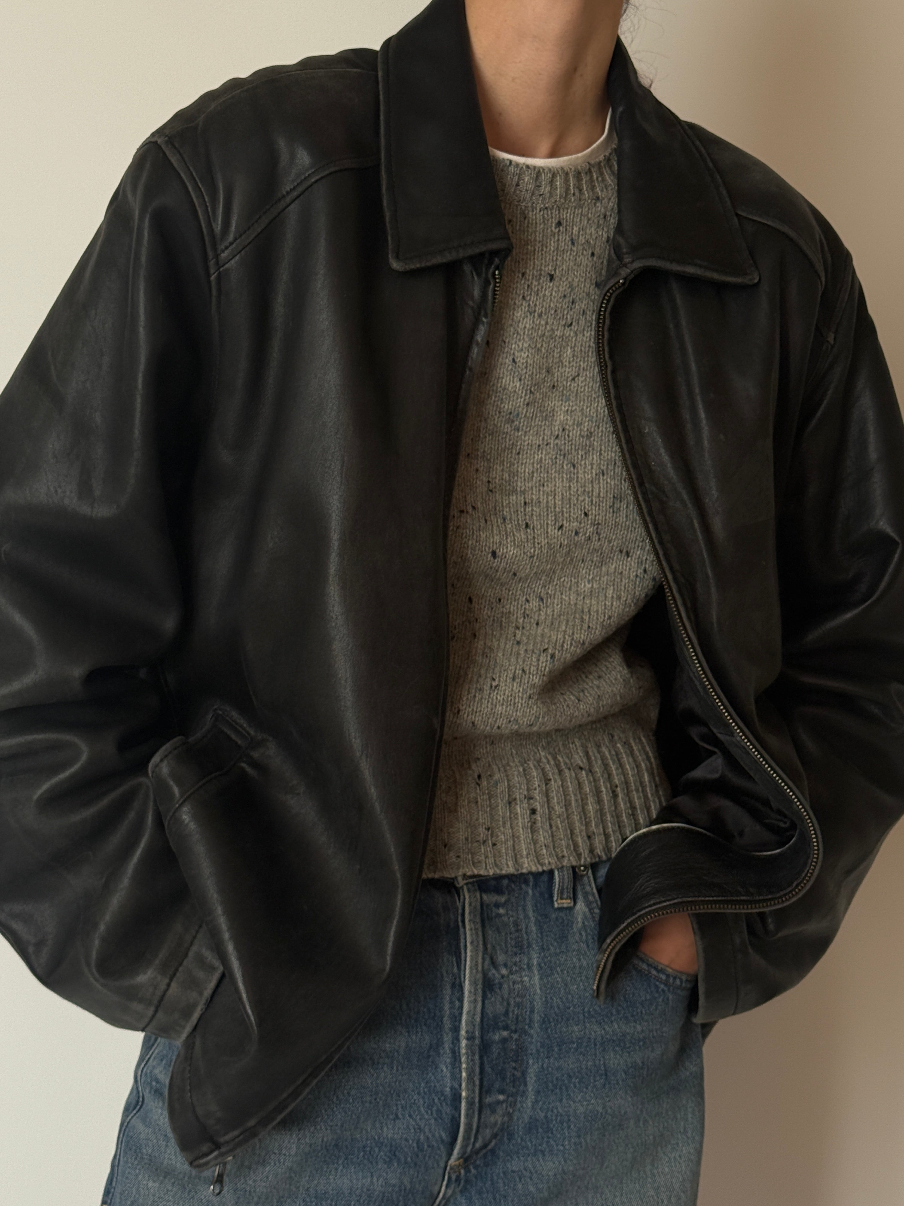 Vintage black soft leather zip jacket with classic collar