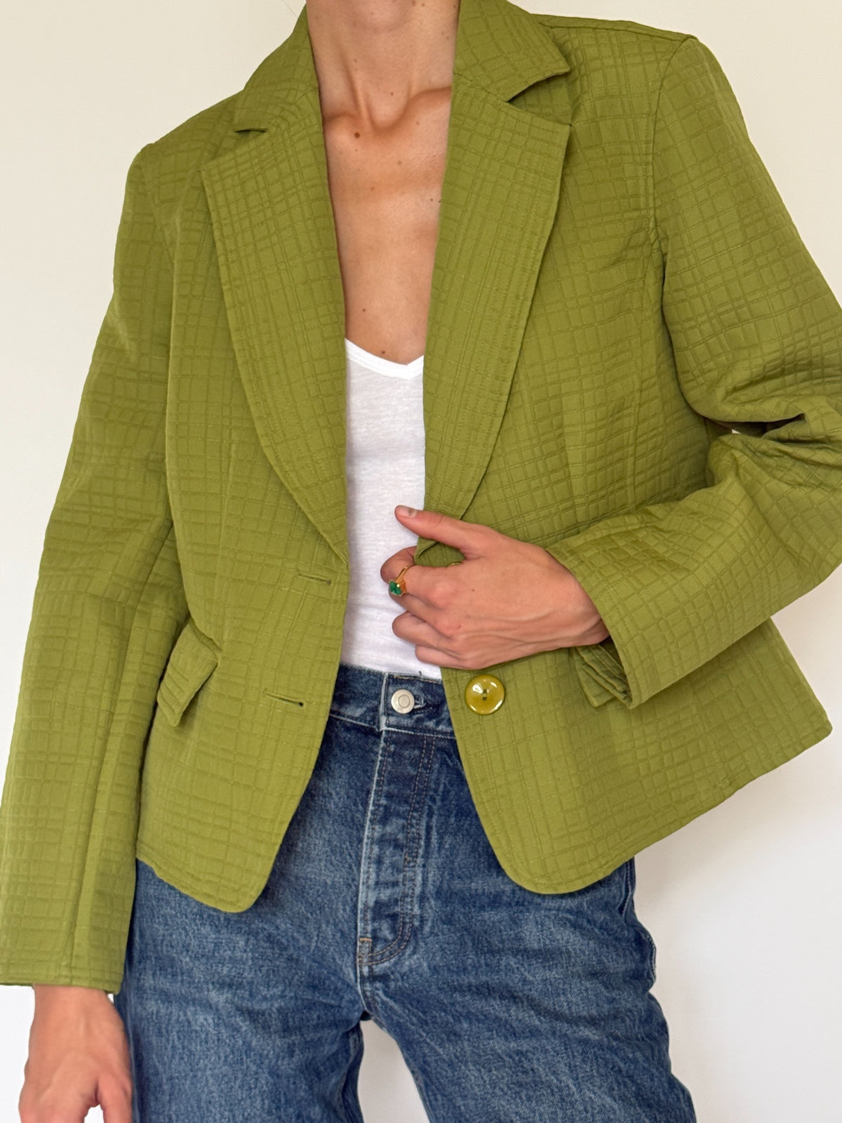 Vintage chartreuse textured blazer styled open front detail