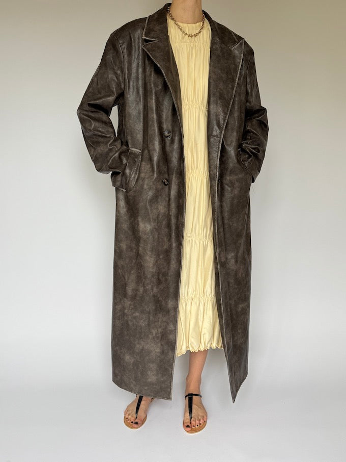 Vintage long faux leather coat brown