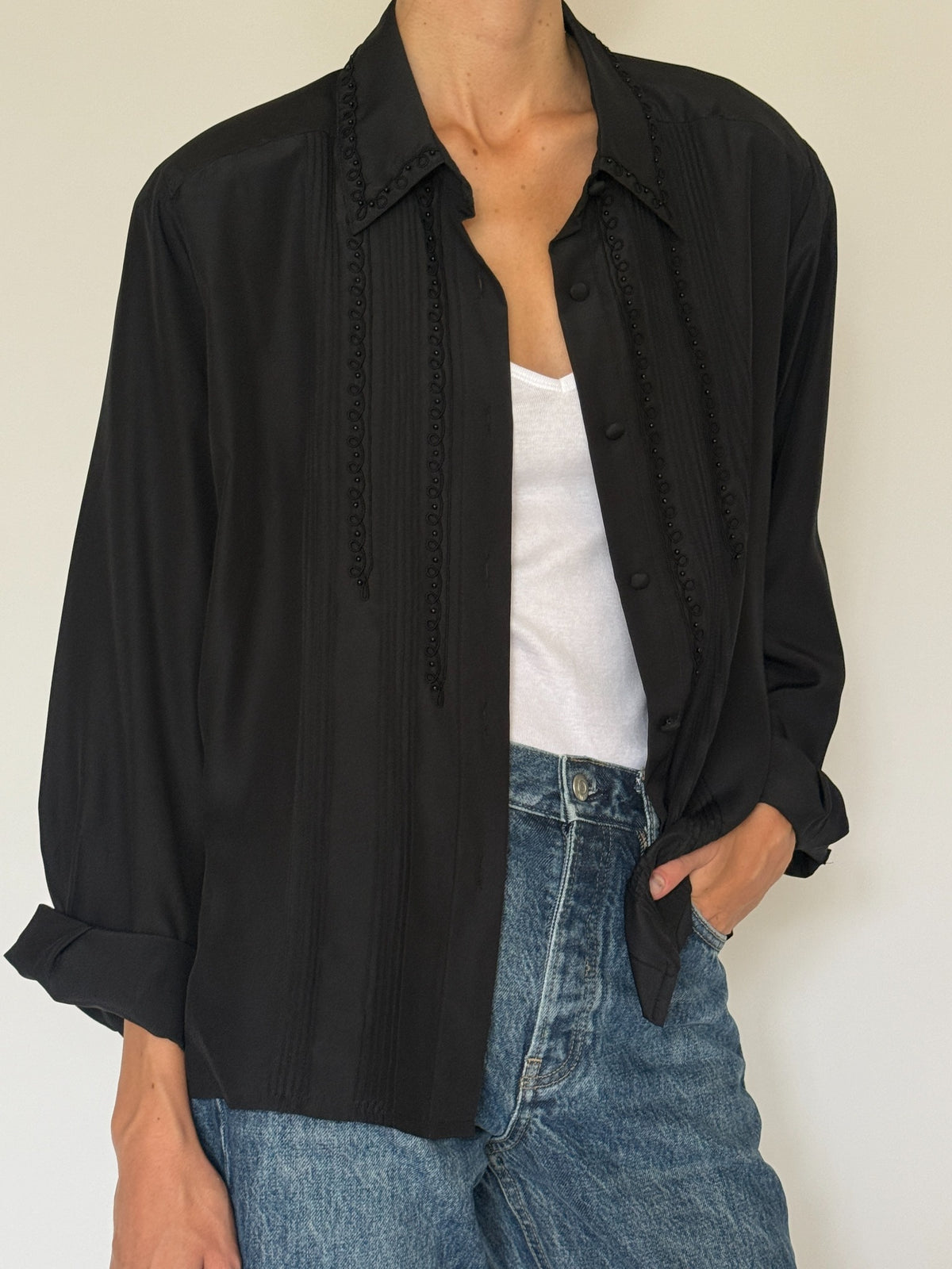 Front view vintage black embroidered blouse