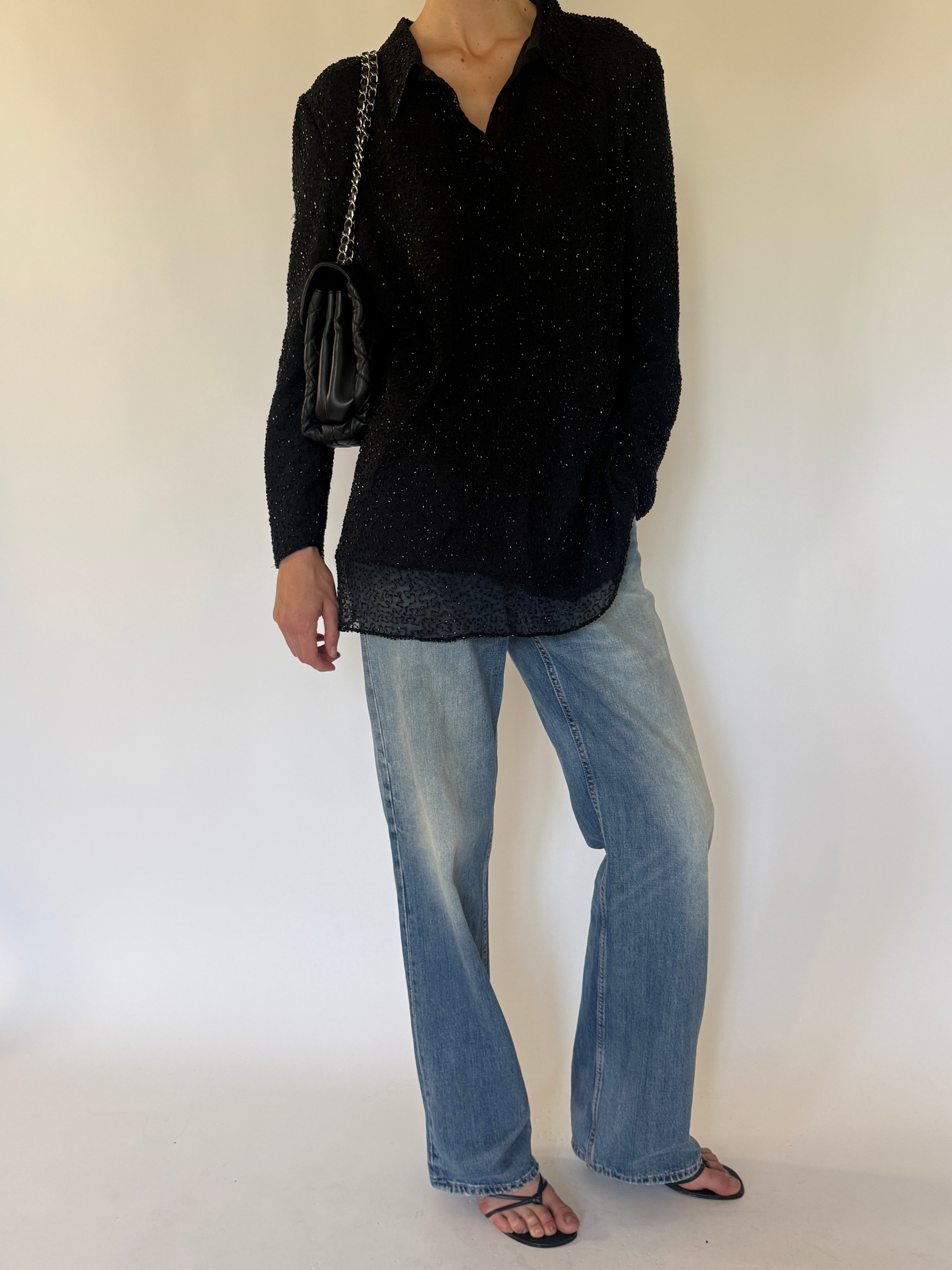 Vintage black beaded silk tunic shirt front view