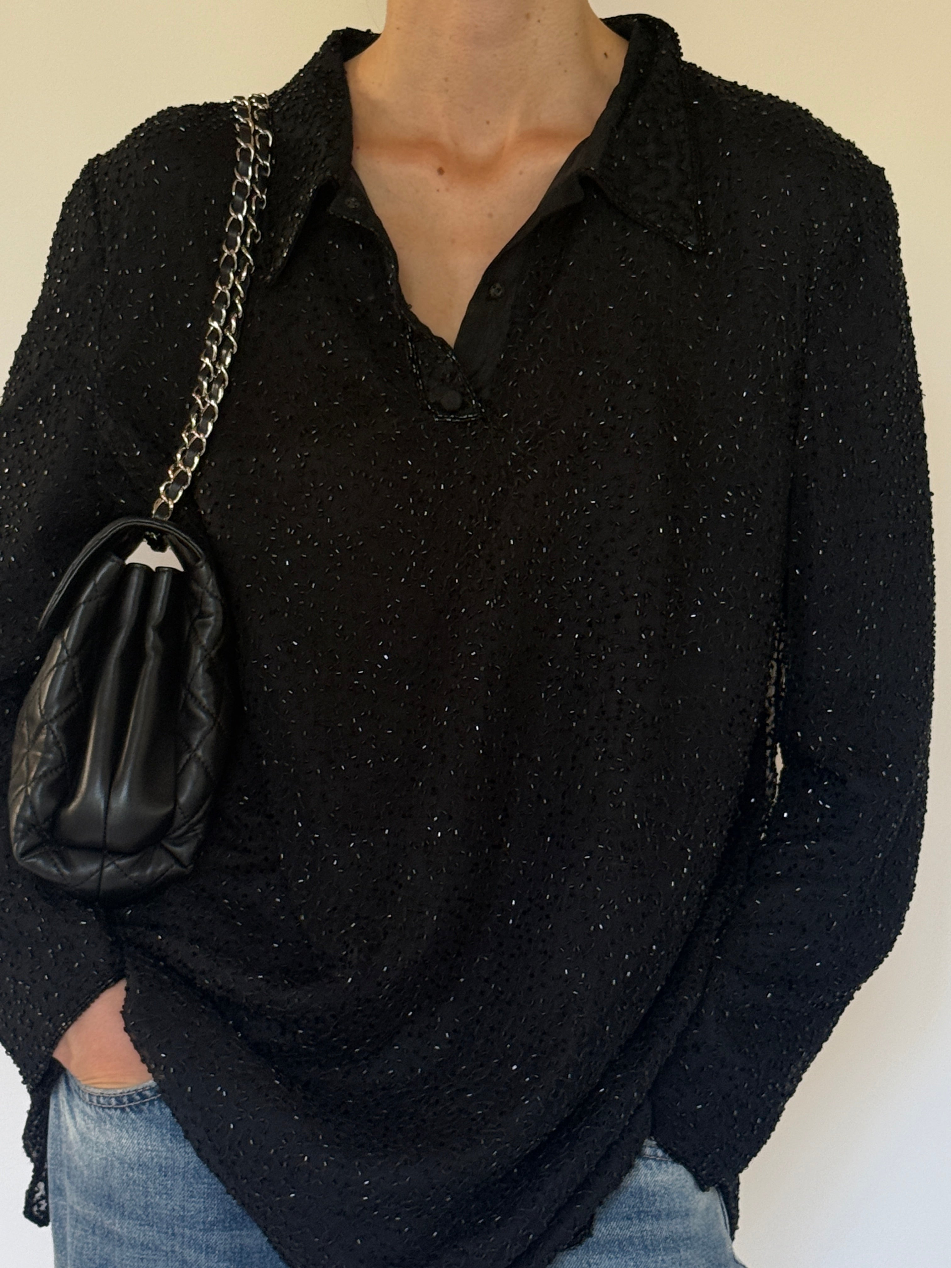 Vintage black tunic covered button detail