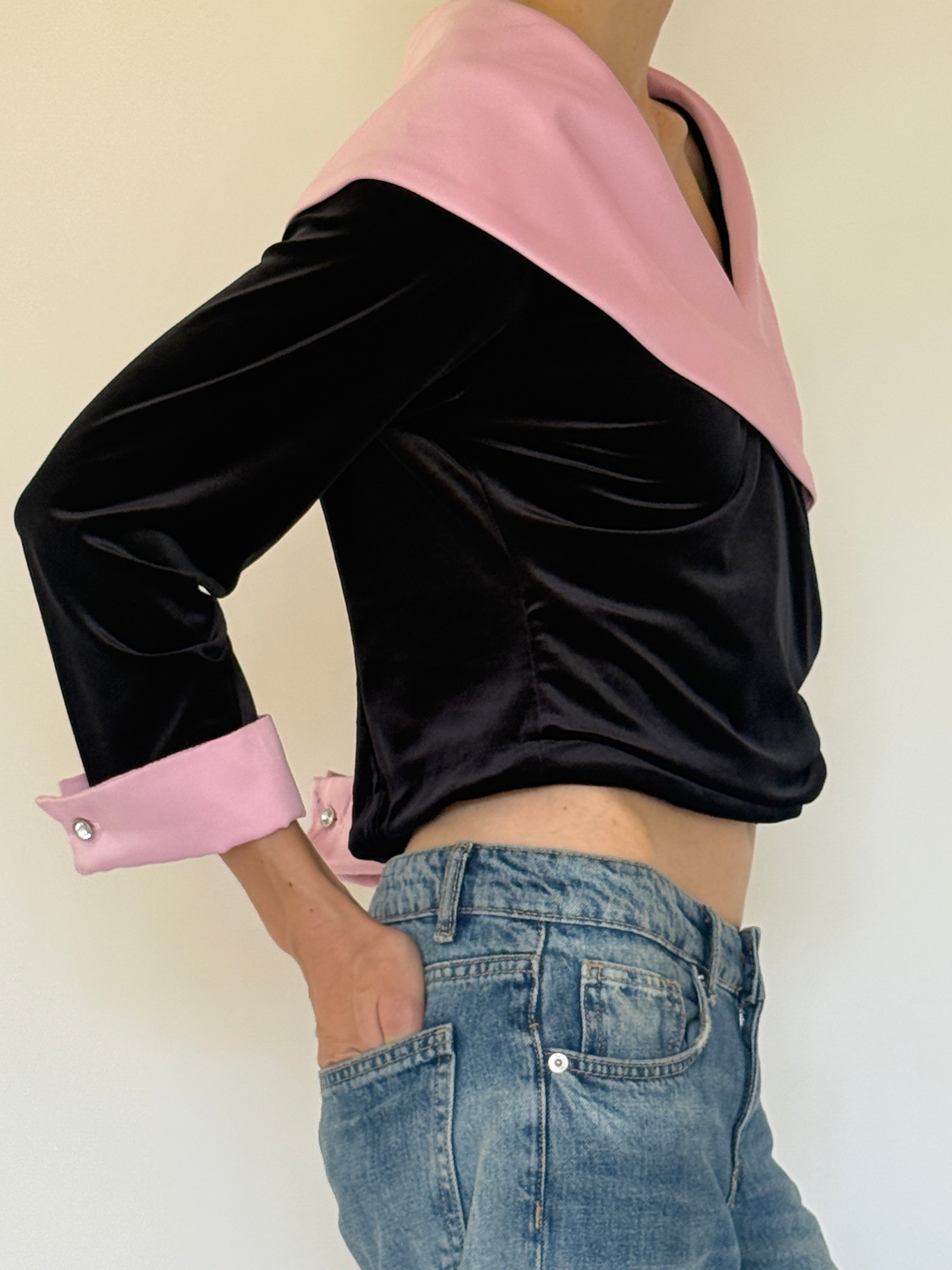 Vintage black velvet off-the-shoulder top side view