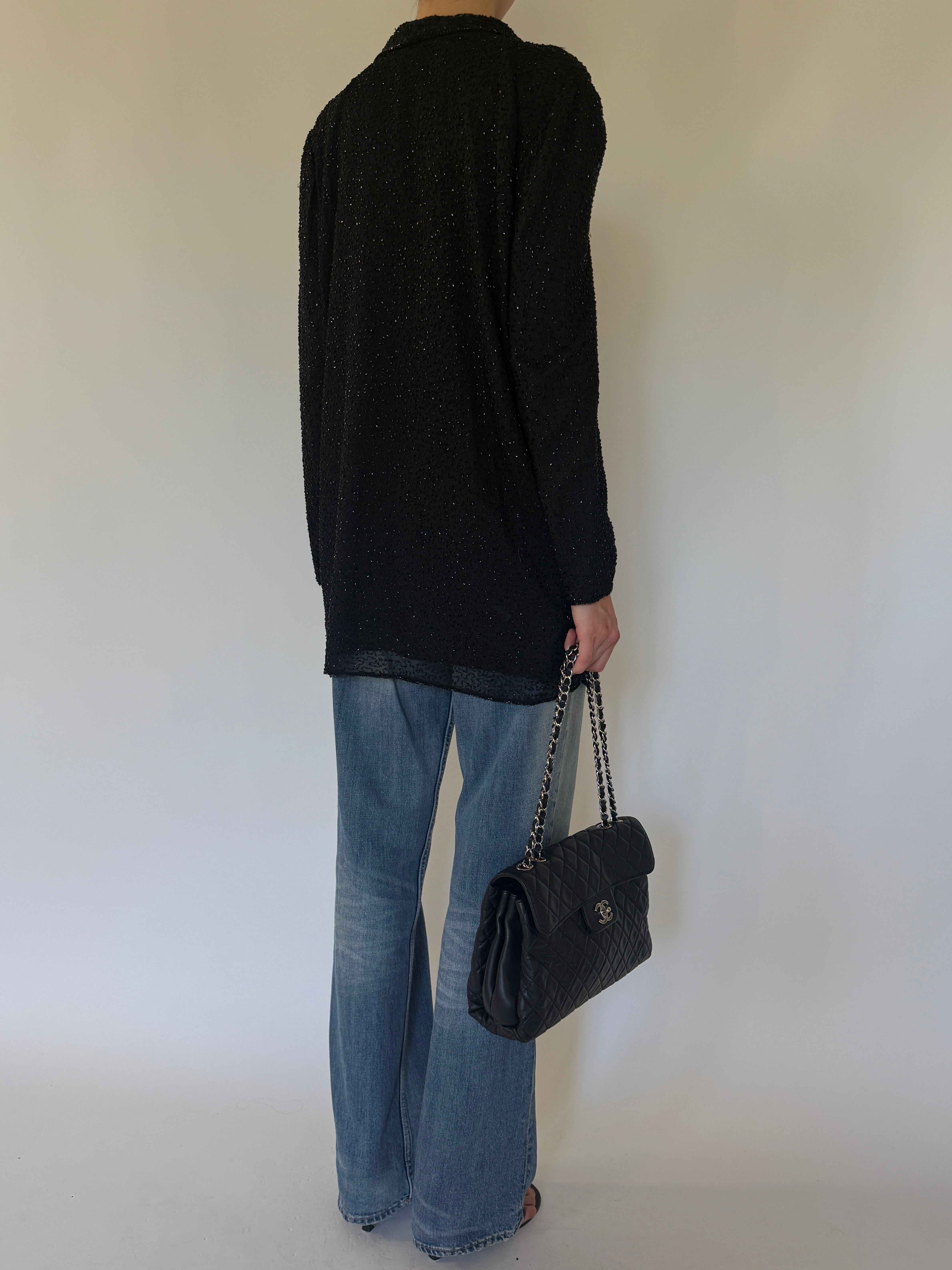 Vintage black beaded silk tunic shirt back view
