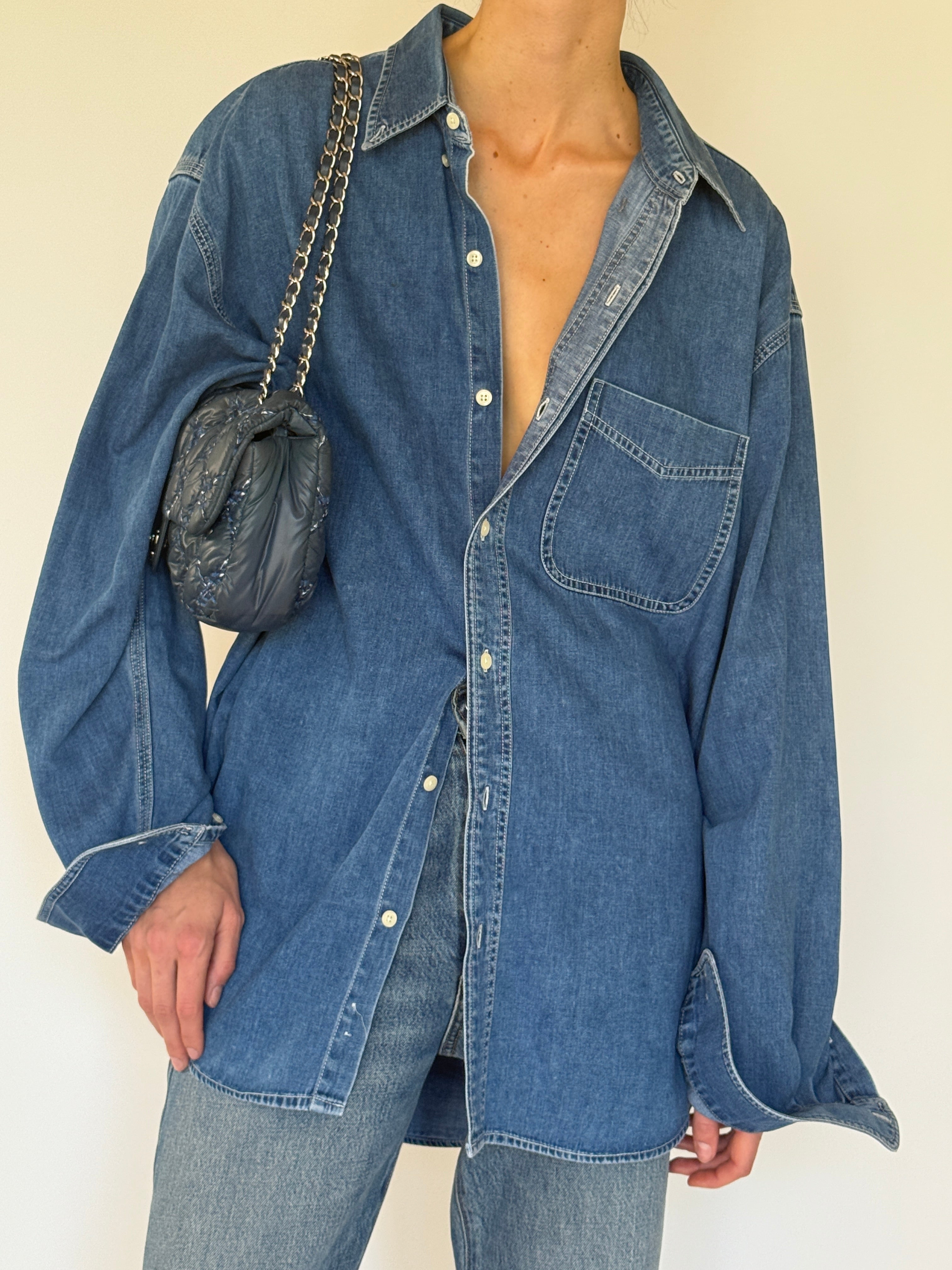 Vintage blue denim shirt collar detail