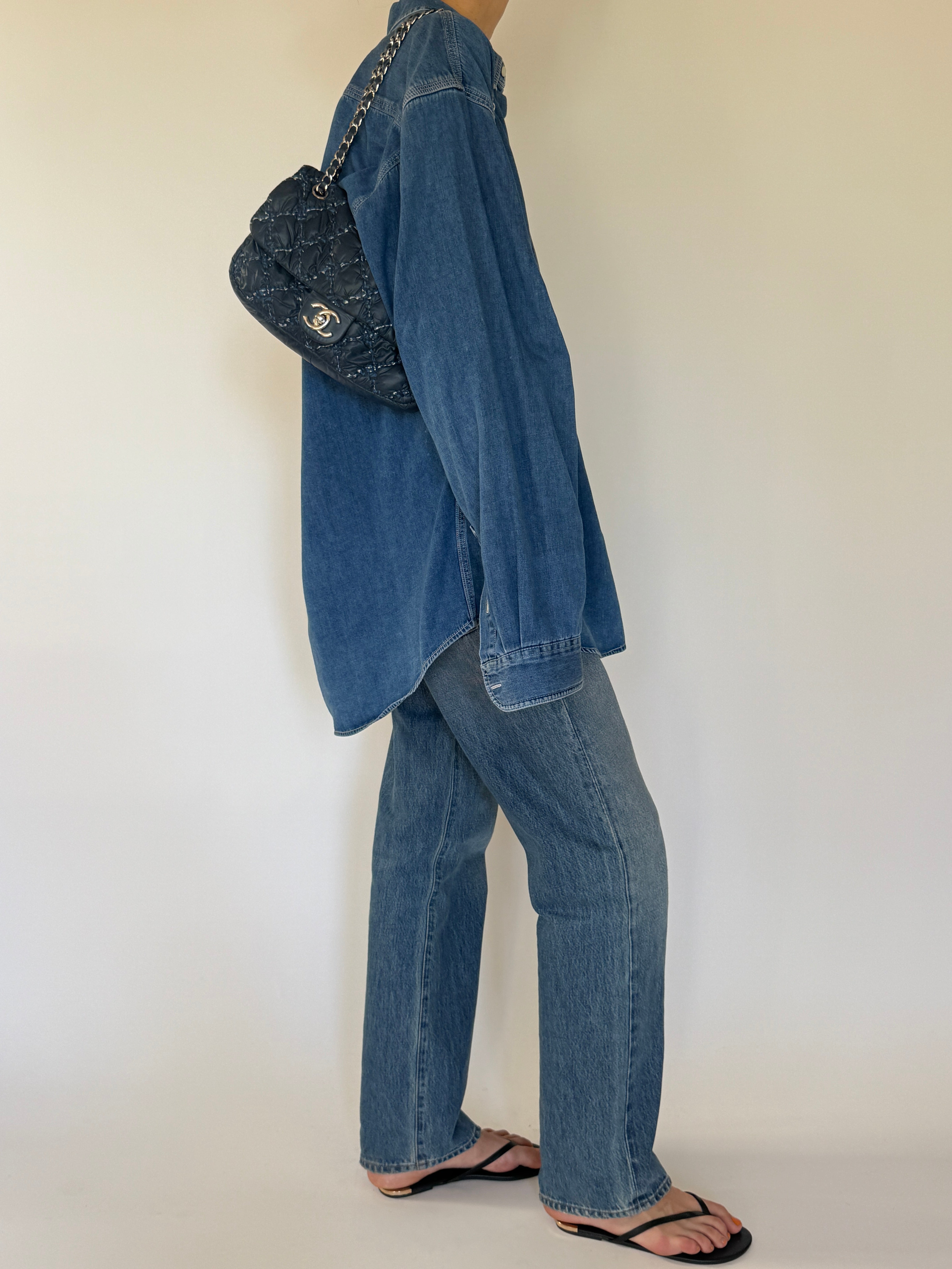 Vintage blue denim shirt side view