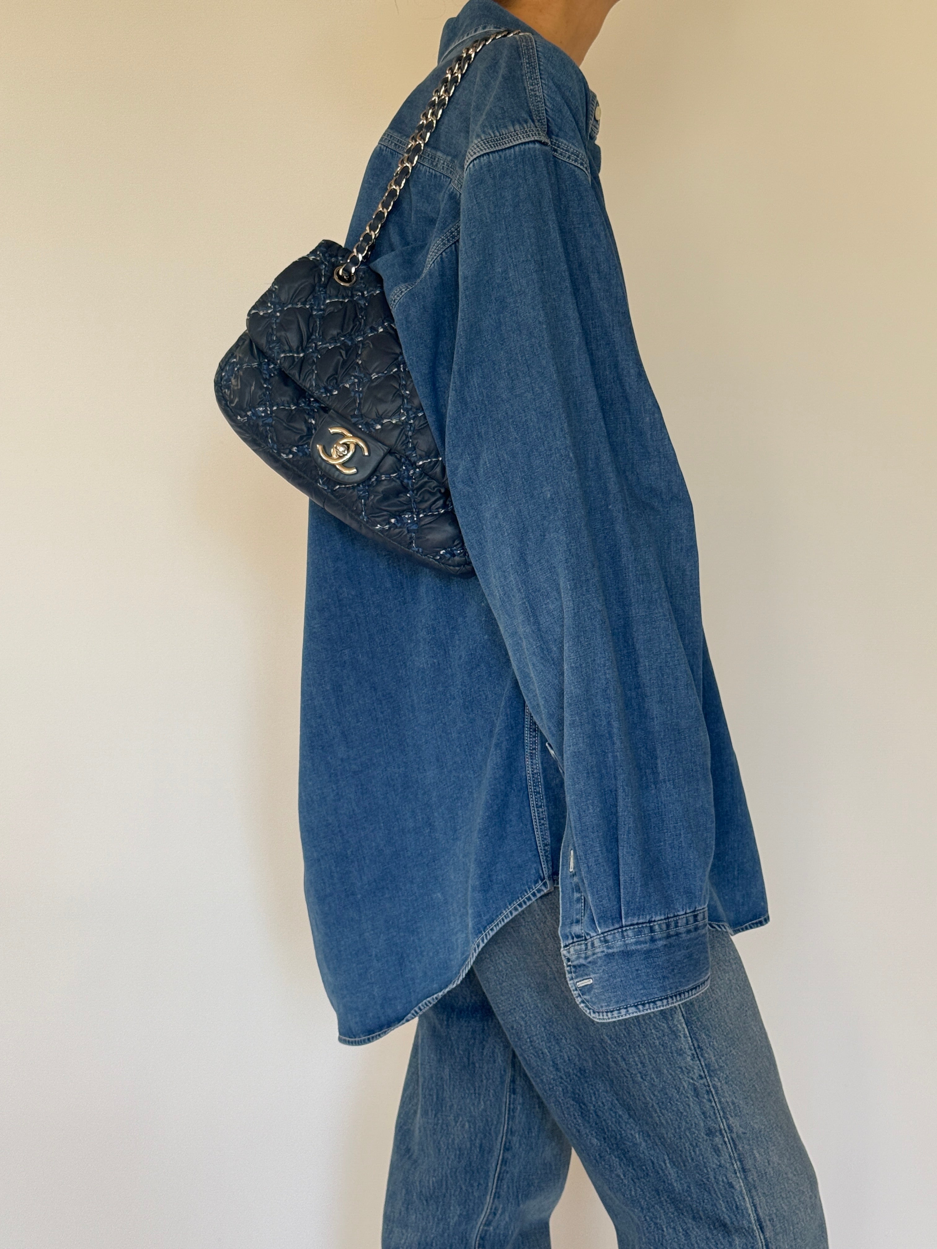 Vintage blue denim shirt side view
