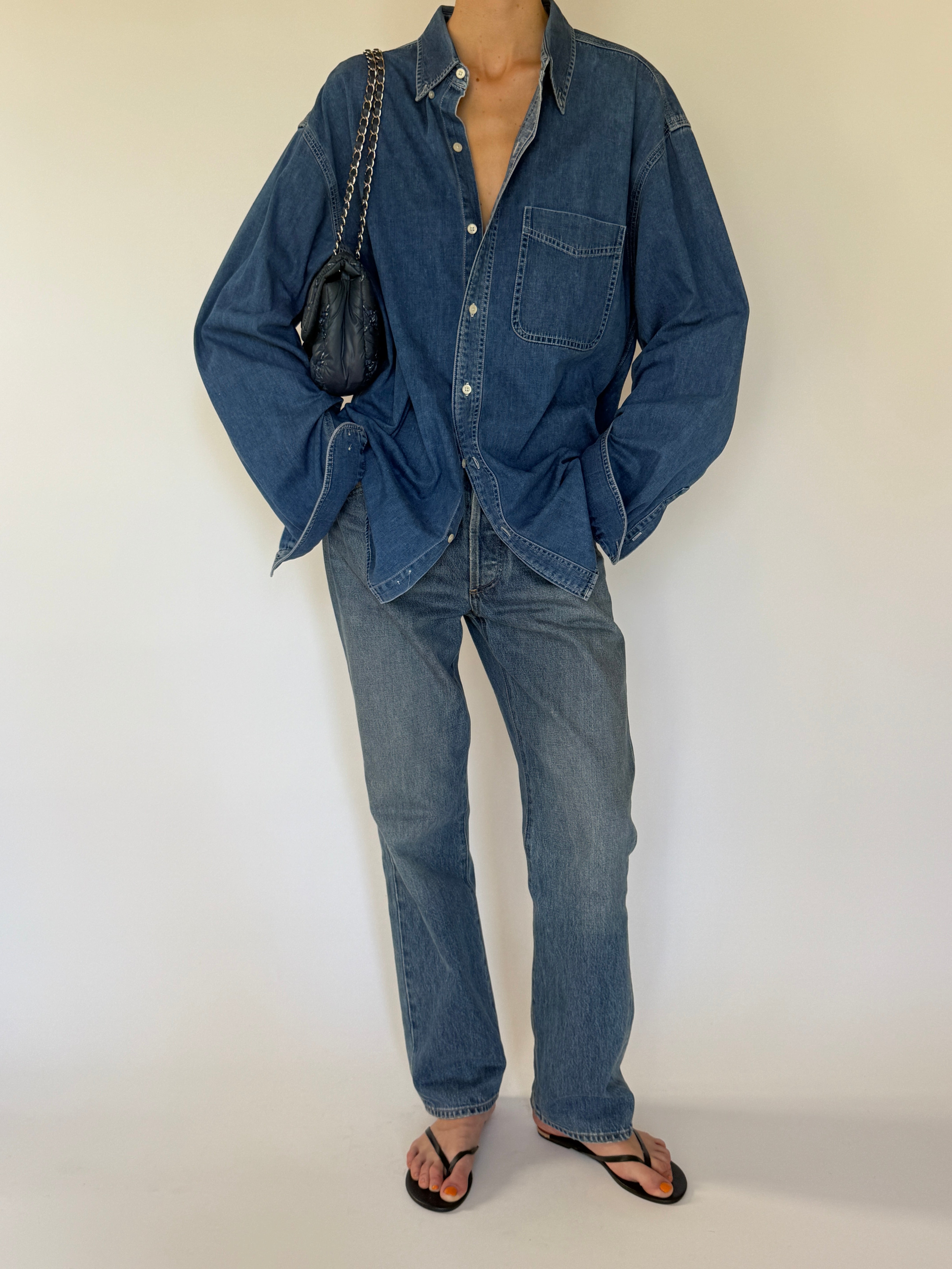 Vintage blue denim shirt button detail