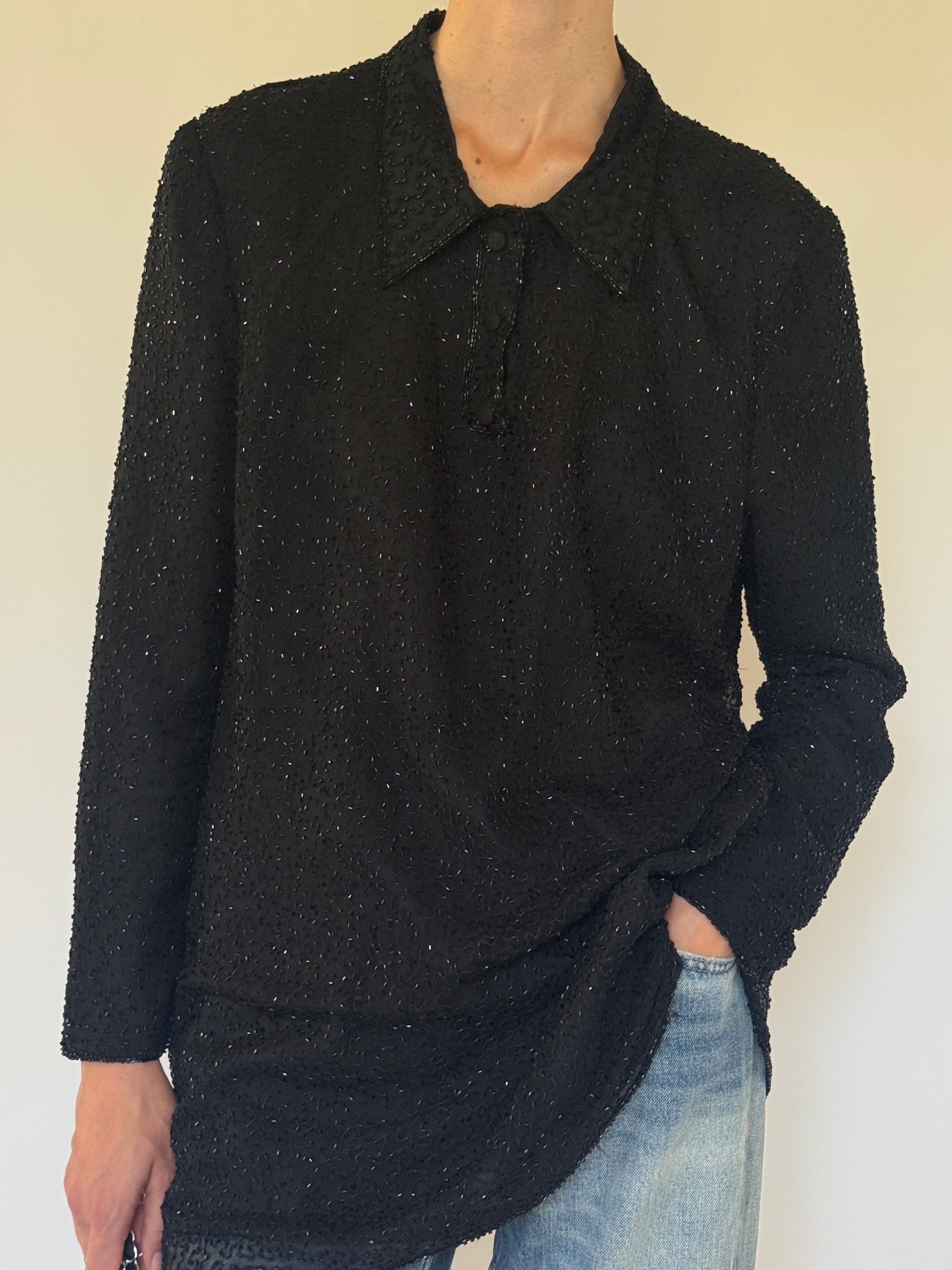 Vintage black beaded silk tunic shirt front view