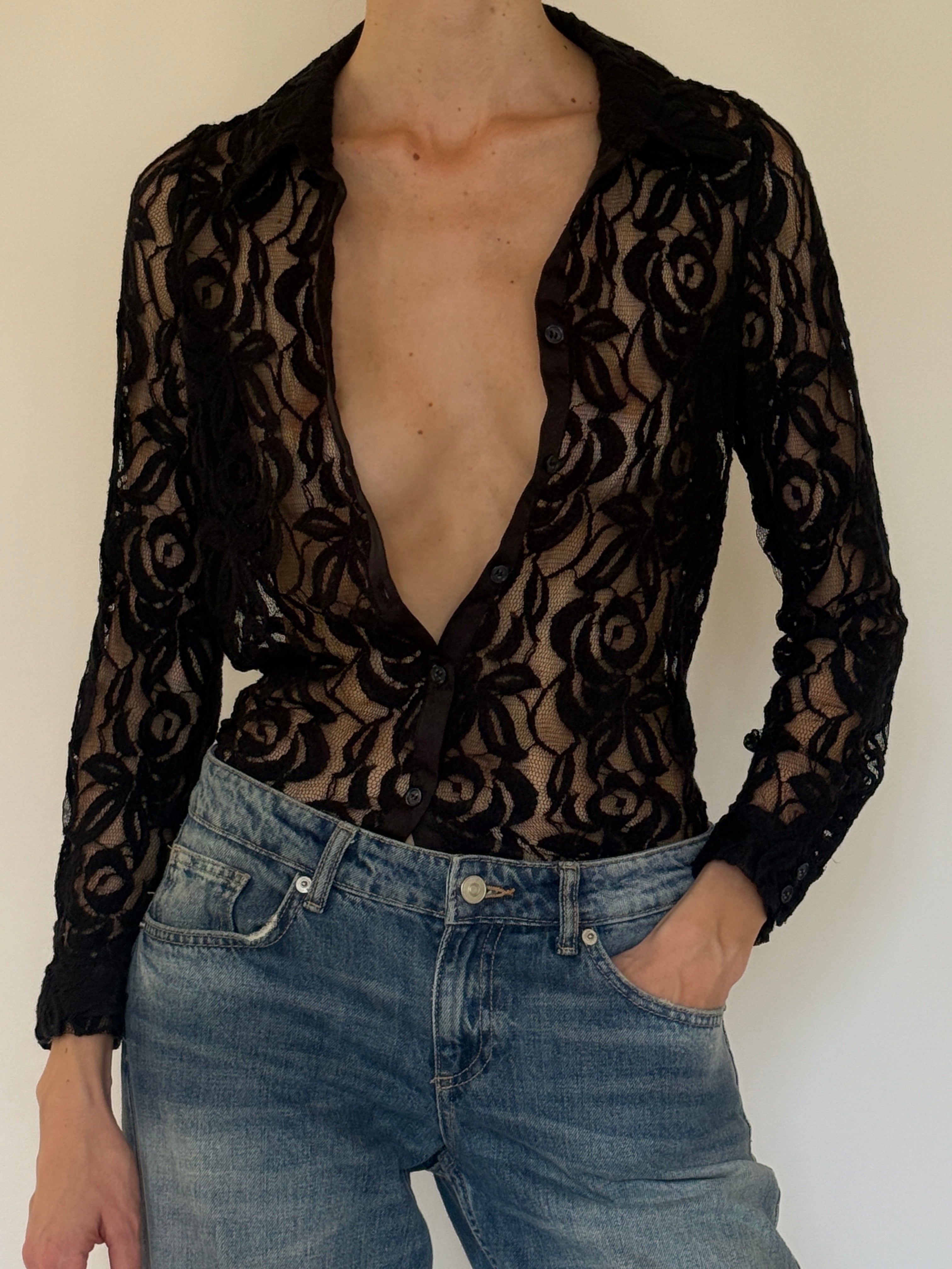 Vintage black sheer lace blouse front view