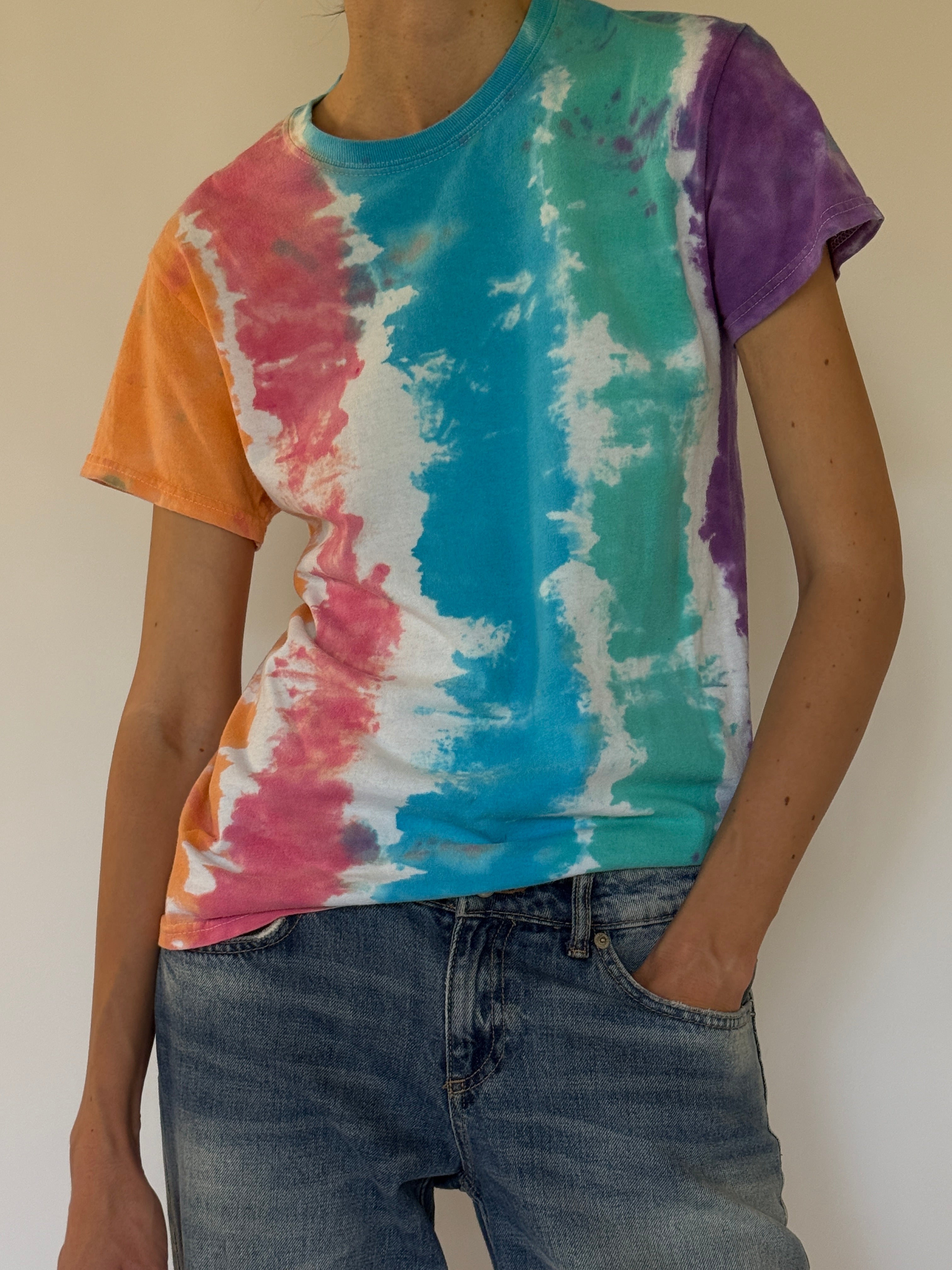 VINTAGE TIE-DYE T-SHIRT IN BLUE, PINK, GREEN & WHITE