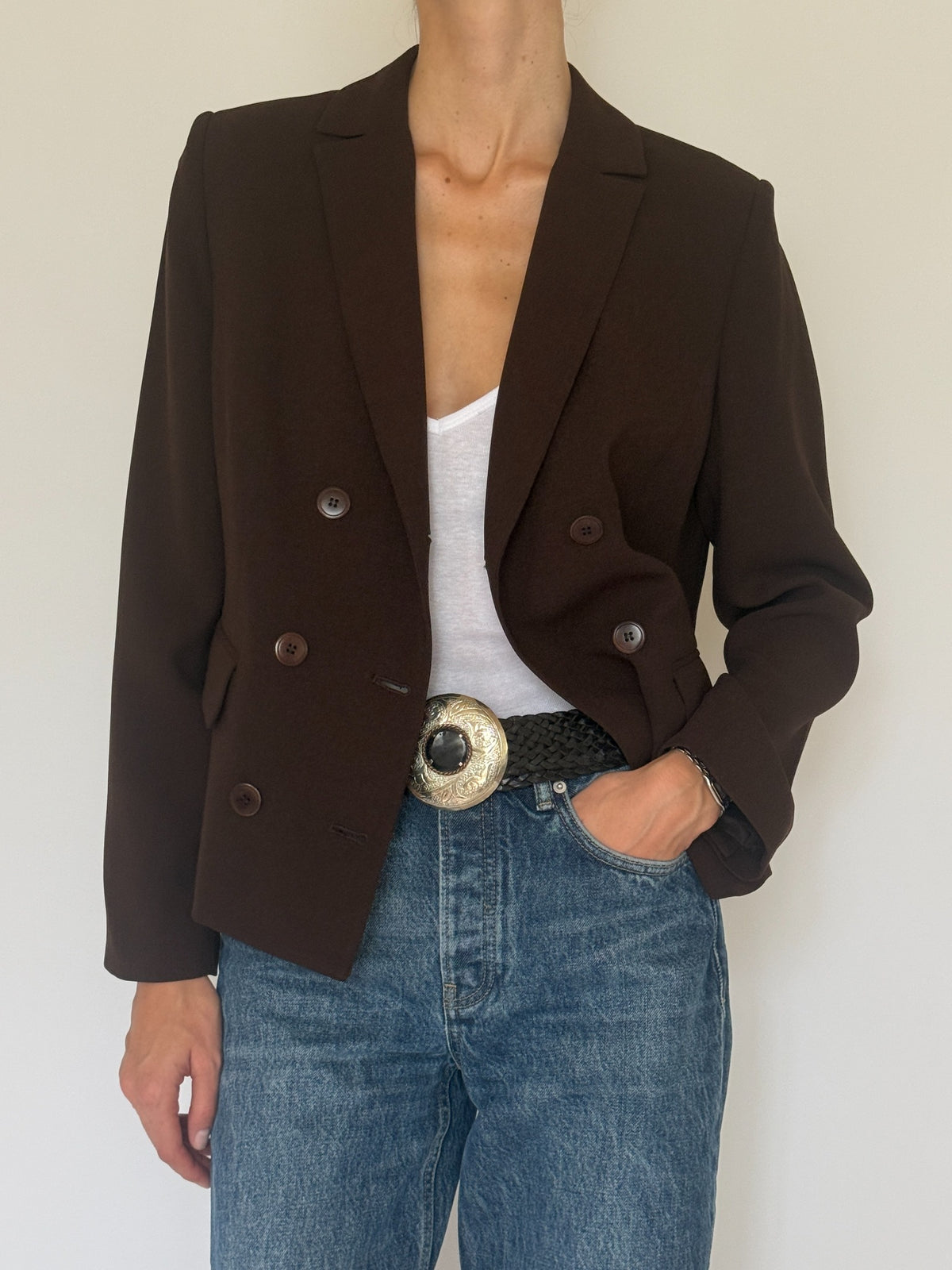 Vintage double-breasted blazer brown front view