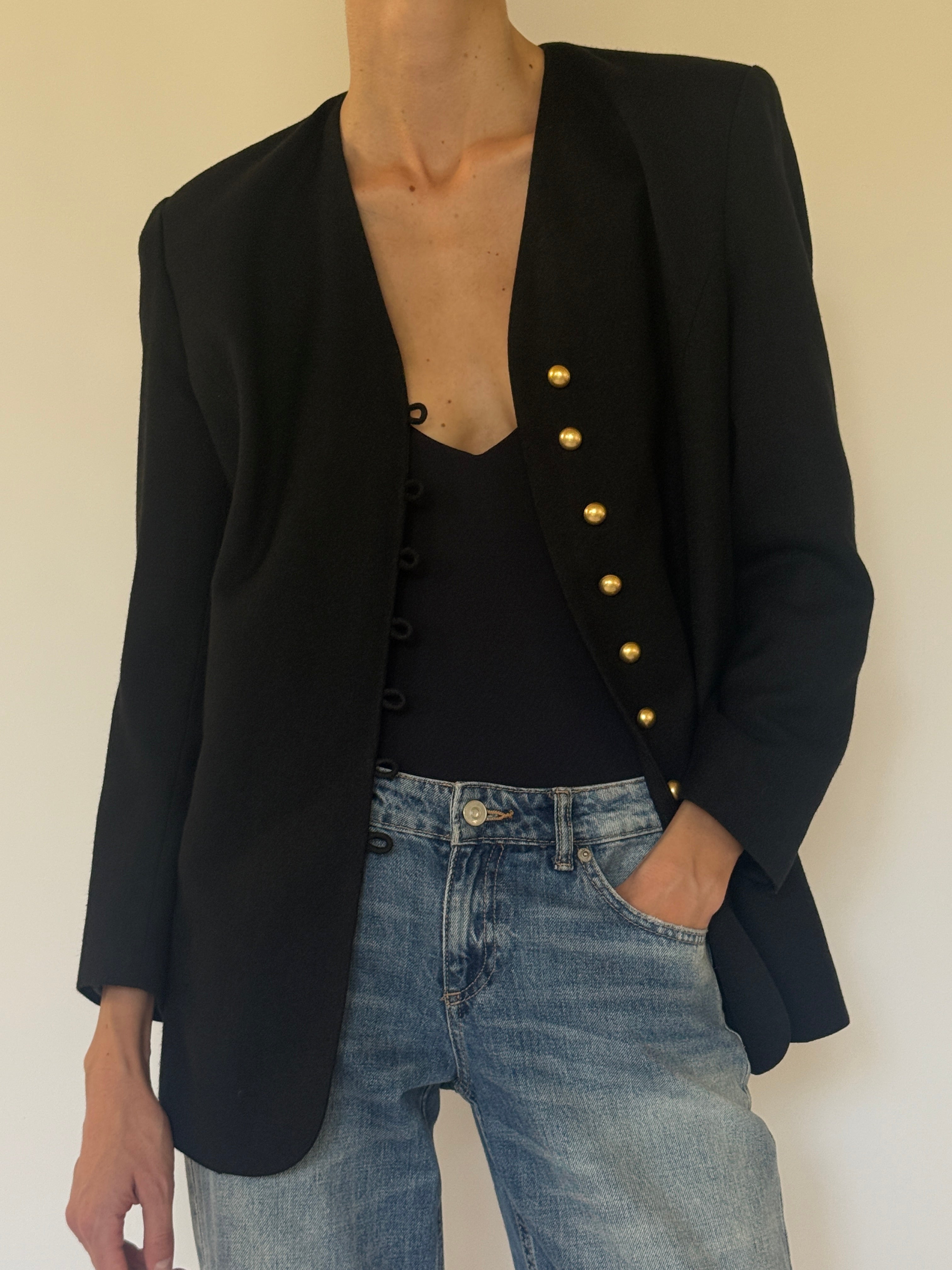Vintage Adolfo black gold button blazer front view.