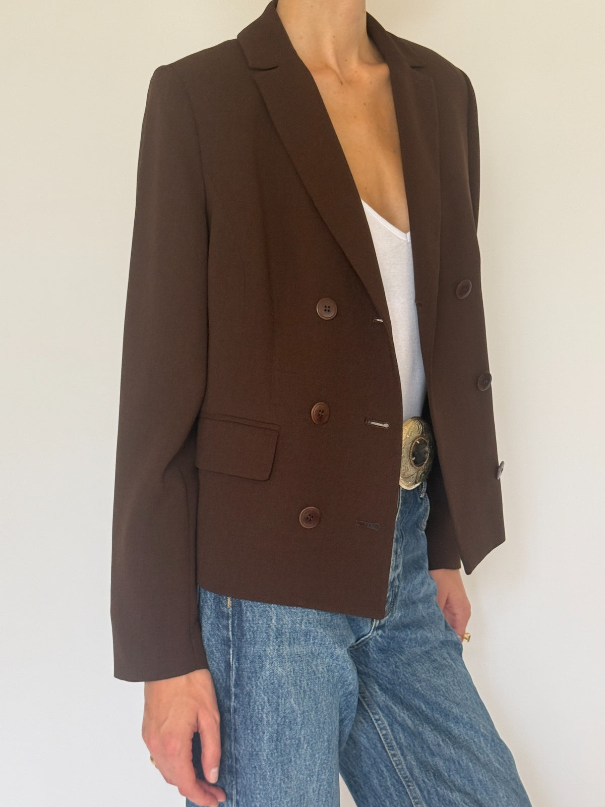 Vintage double-breasted blazer brown pocket detail