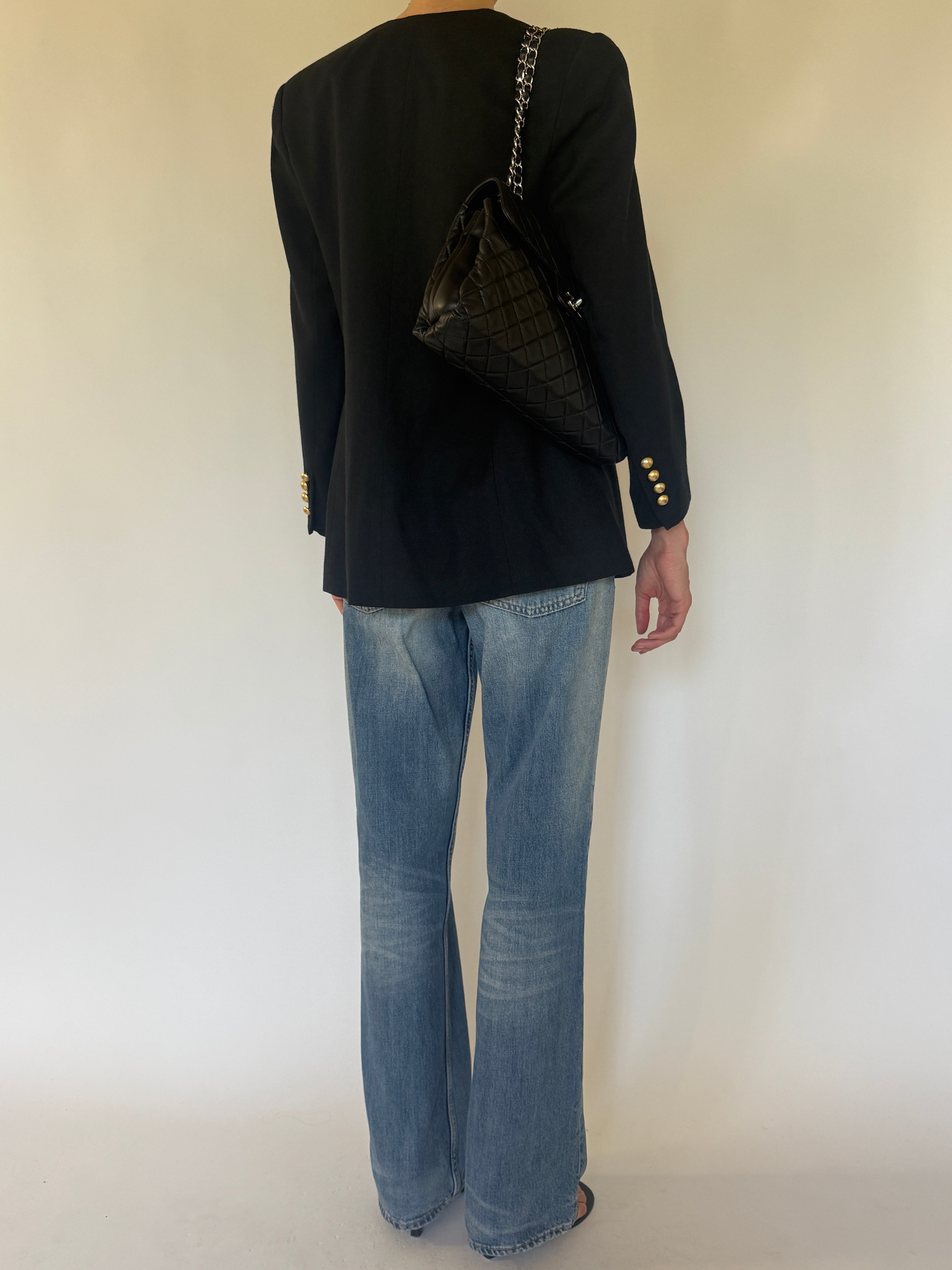 Vintage Adolfo black gold button blazer back view.
