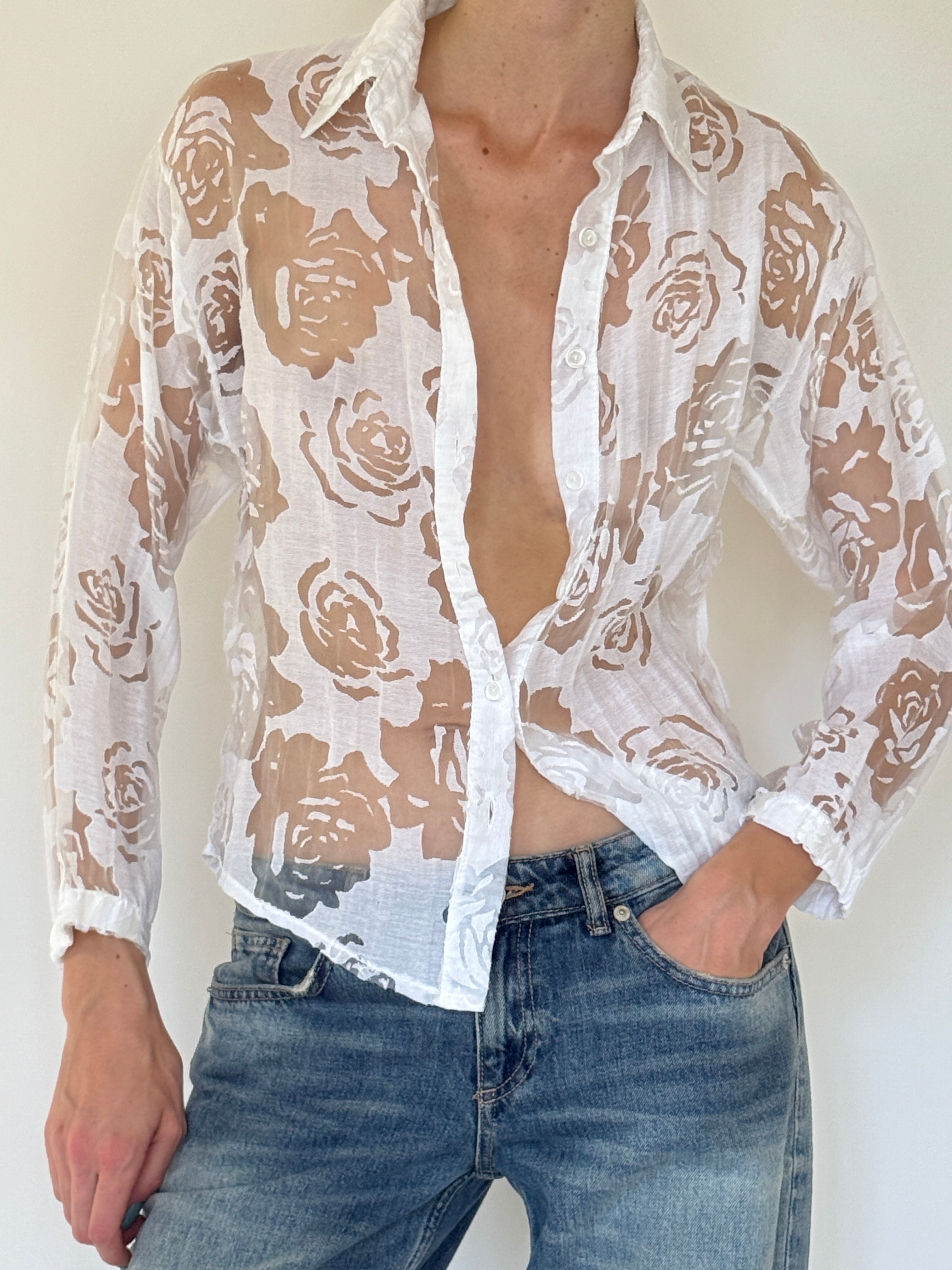 Vintage sheer rose shirt front view