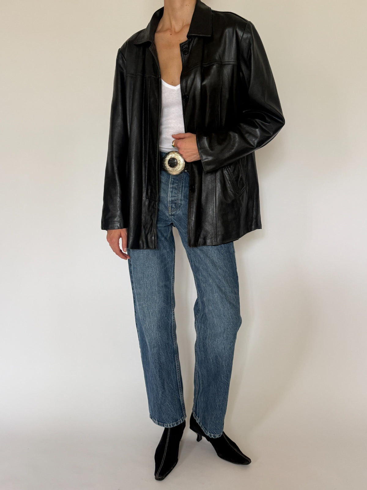 Vintage black leather jacket alternate front view