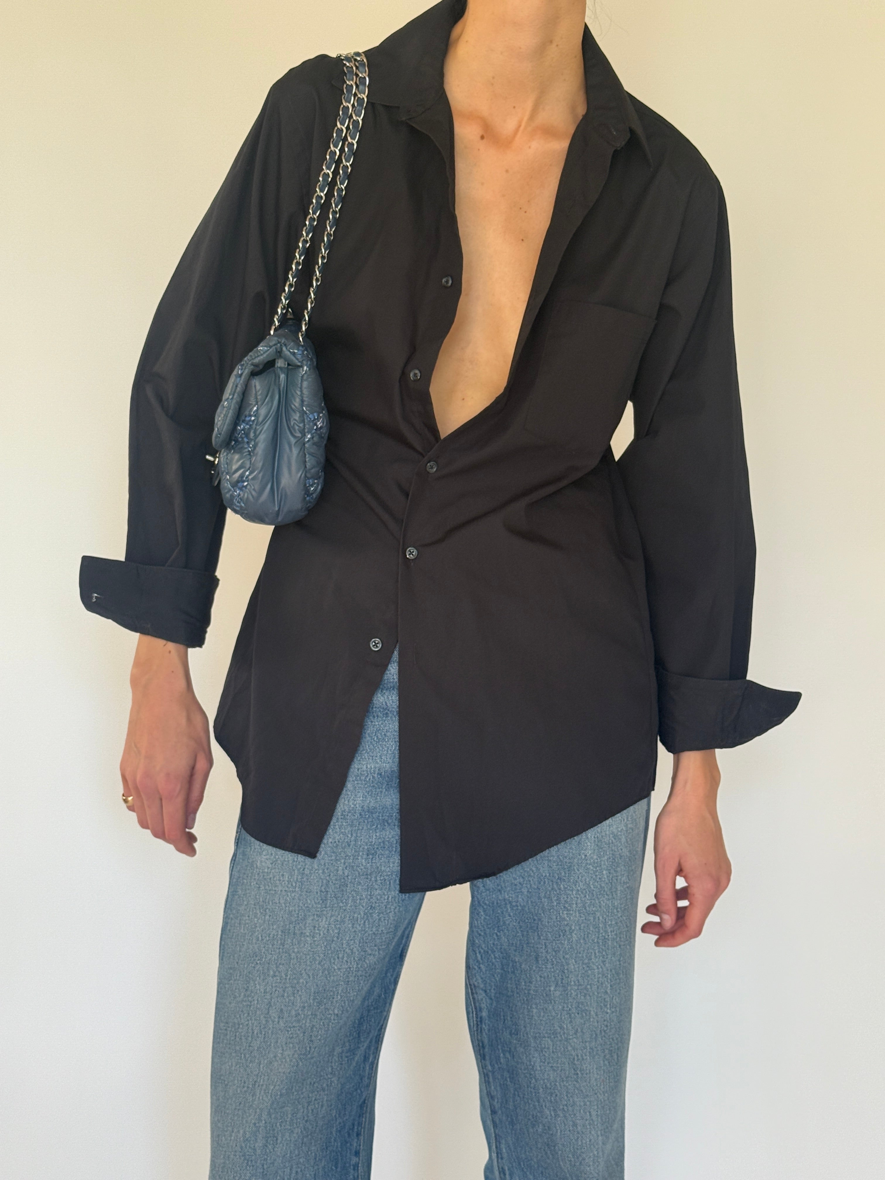 Vintage classic black button-up shirt front view