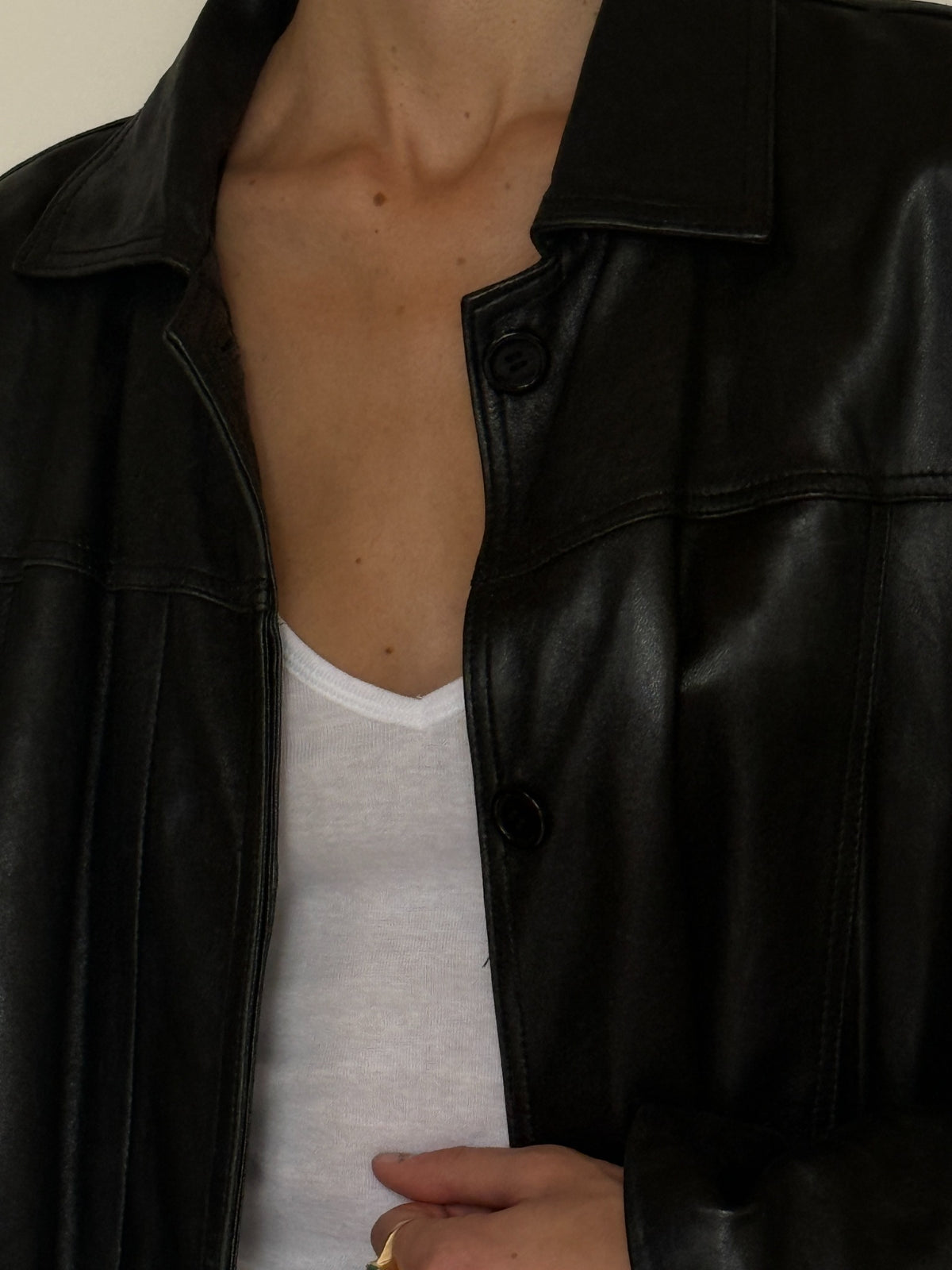Vintage black leather jacket button and collar detail
