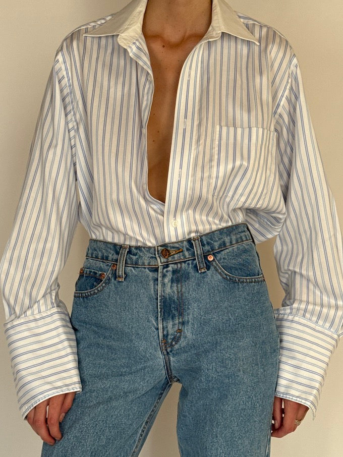 Vintage striped oversized shirt in white and blue 6299