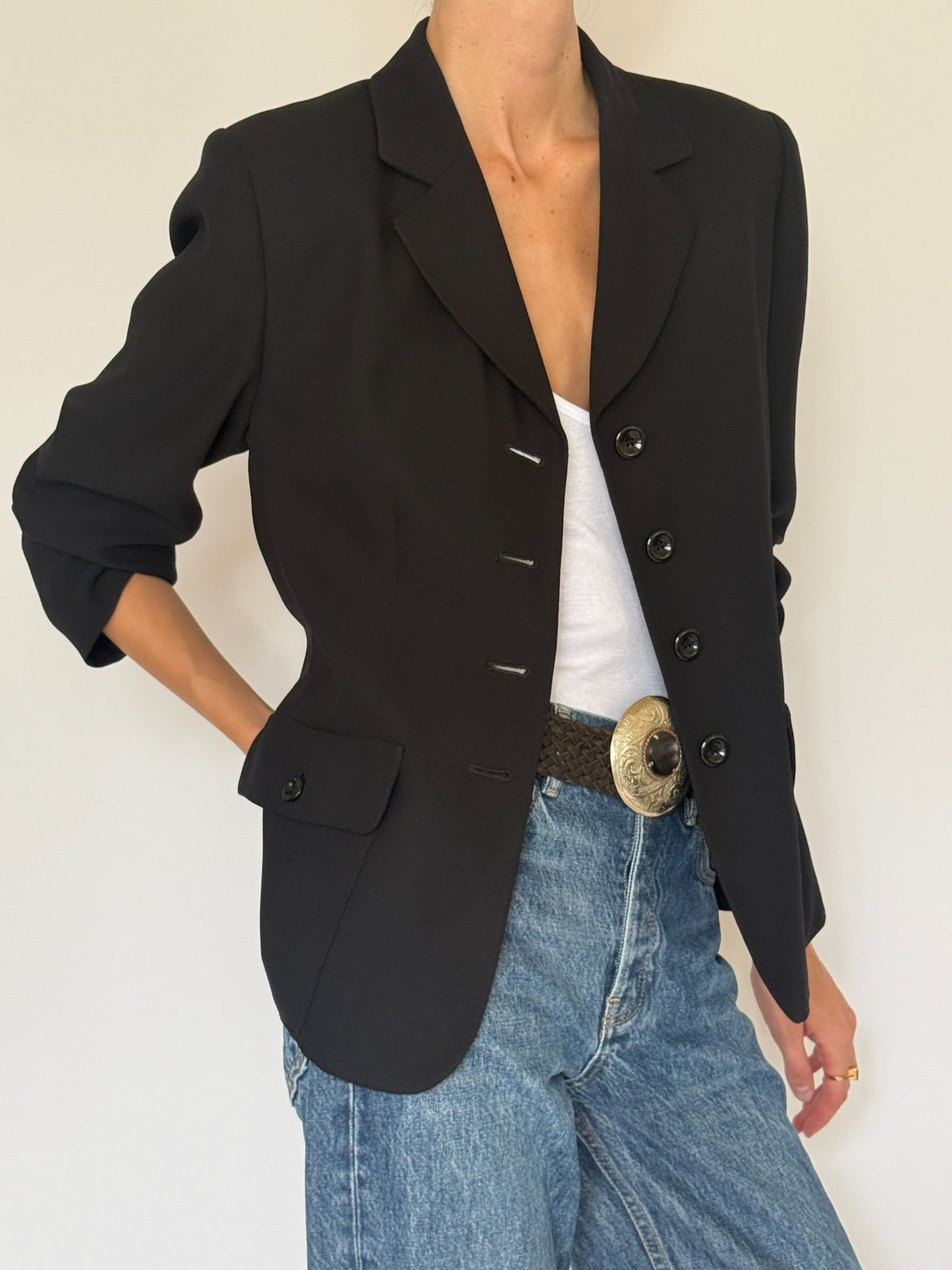 Vintage black tailored blazer front styling detail