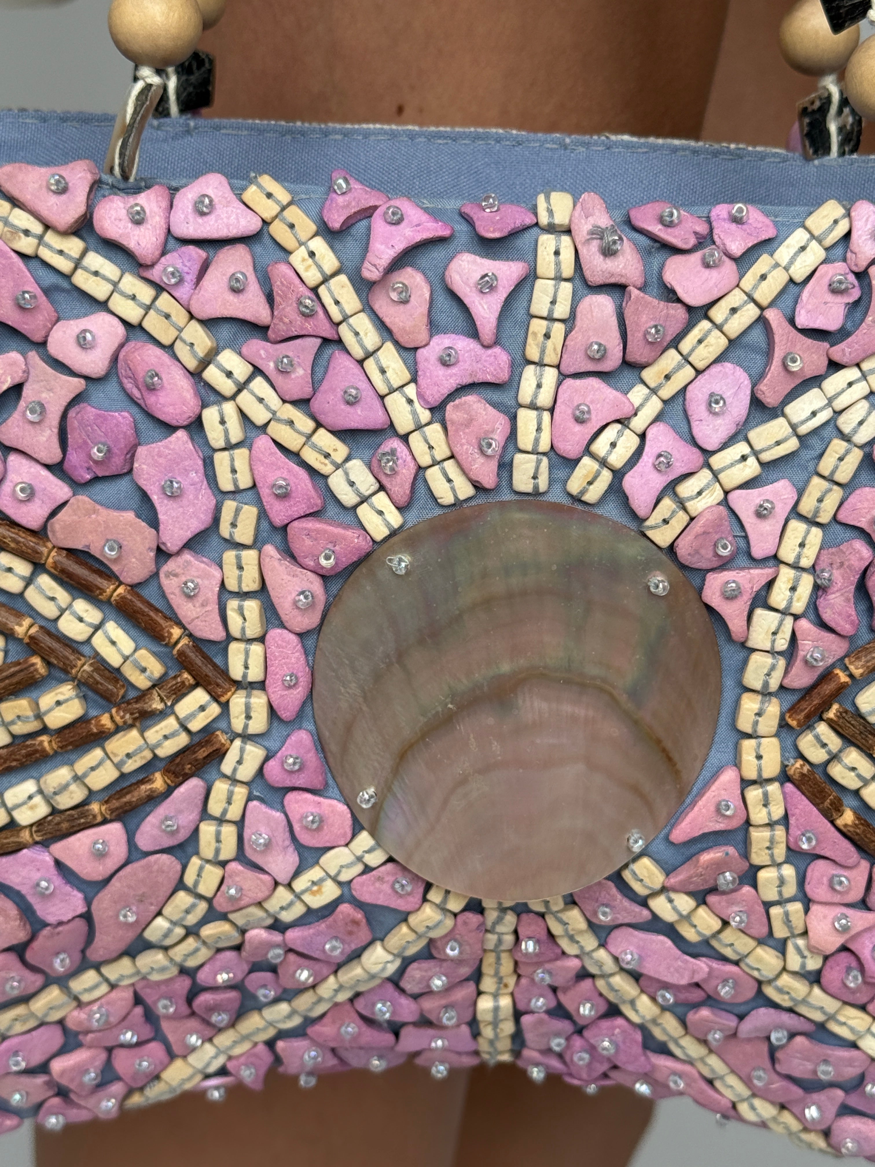 Vintage pink beaded mosaic shell handbag fabric close-up