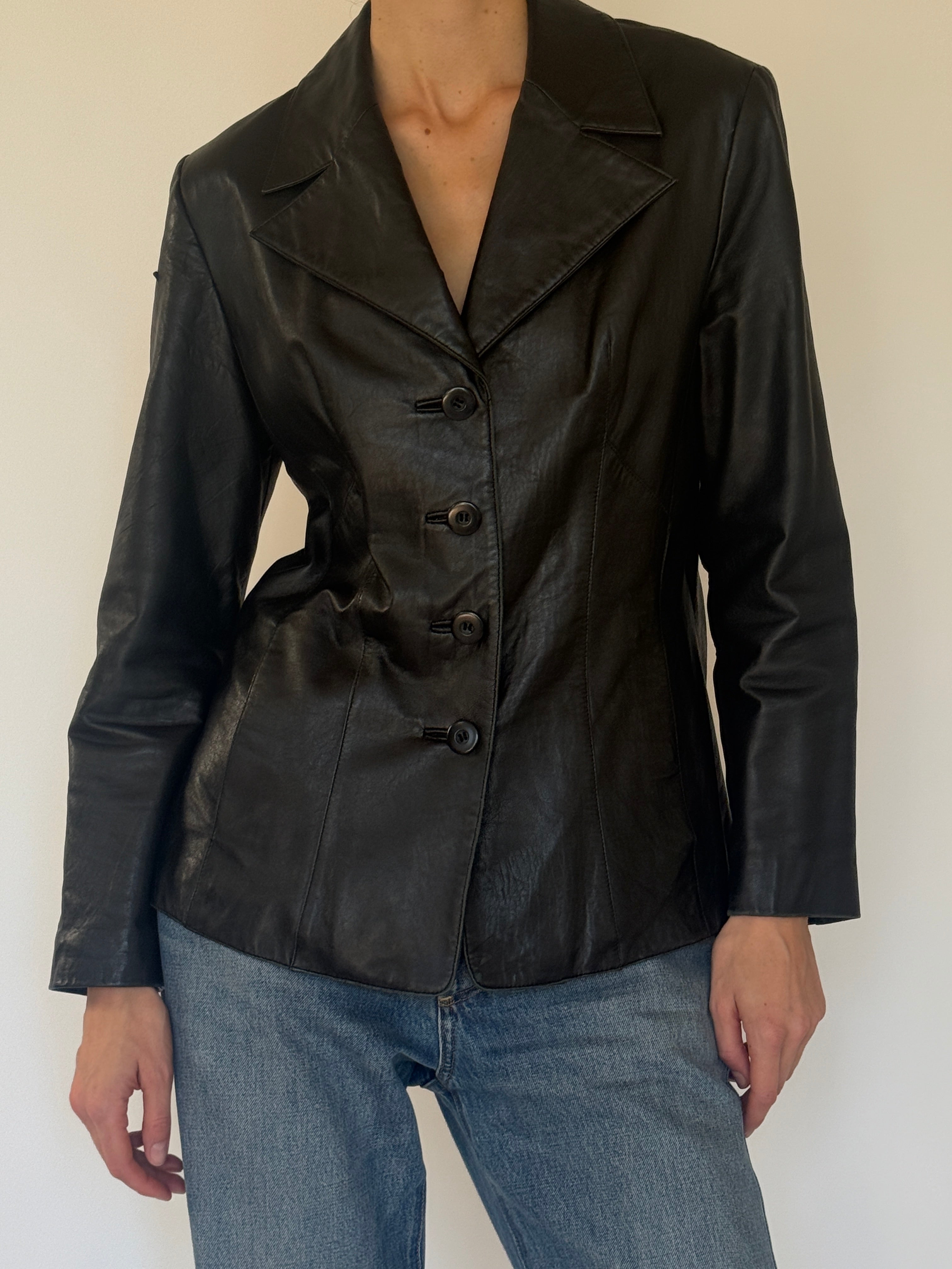 Vintage black leather blazer front view