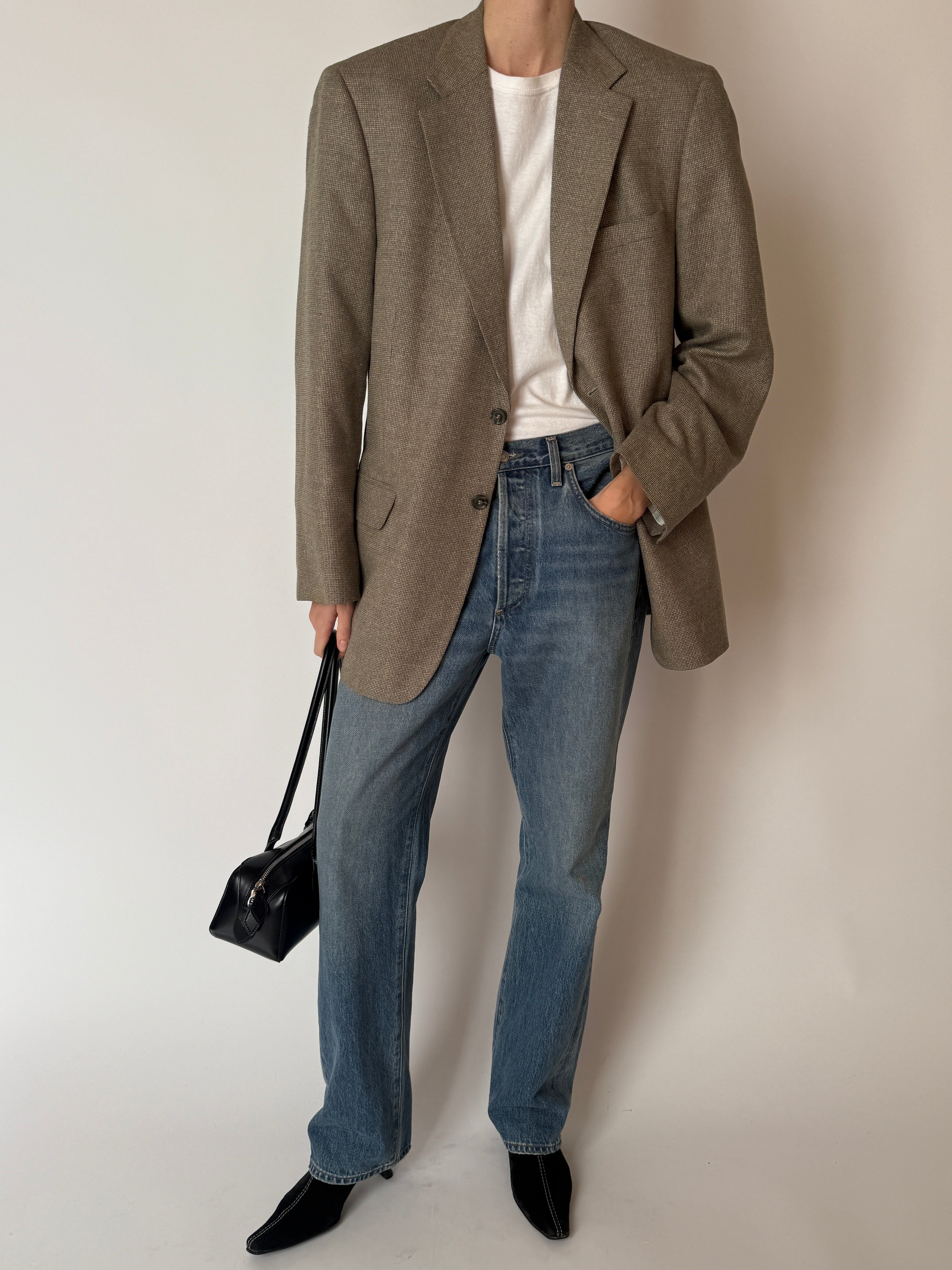 Vintage brown silk wool oversized blazer front view