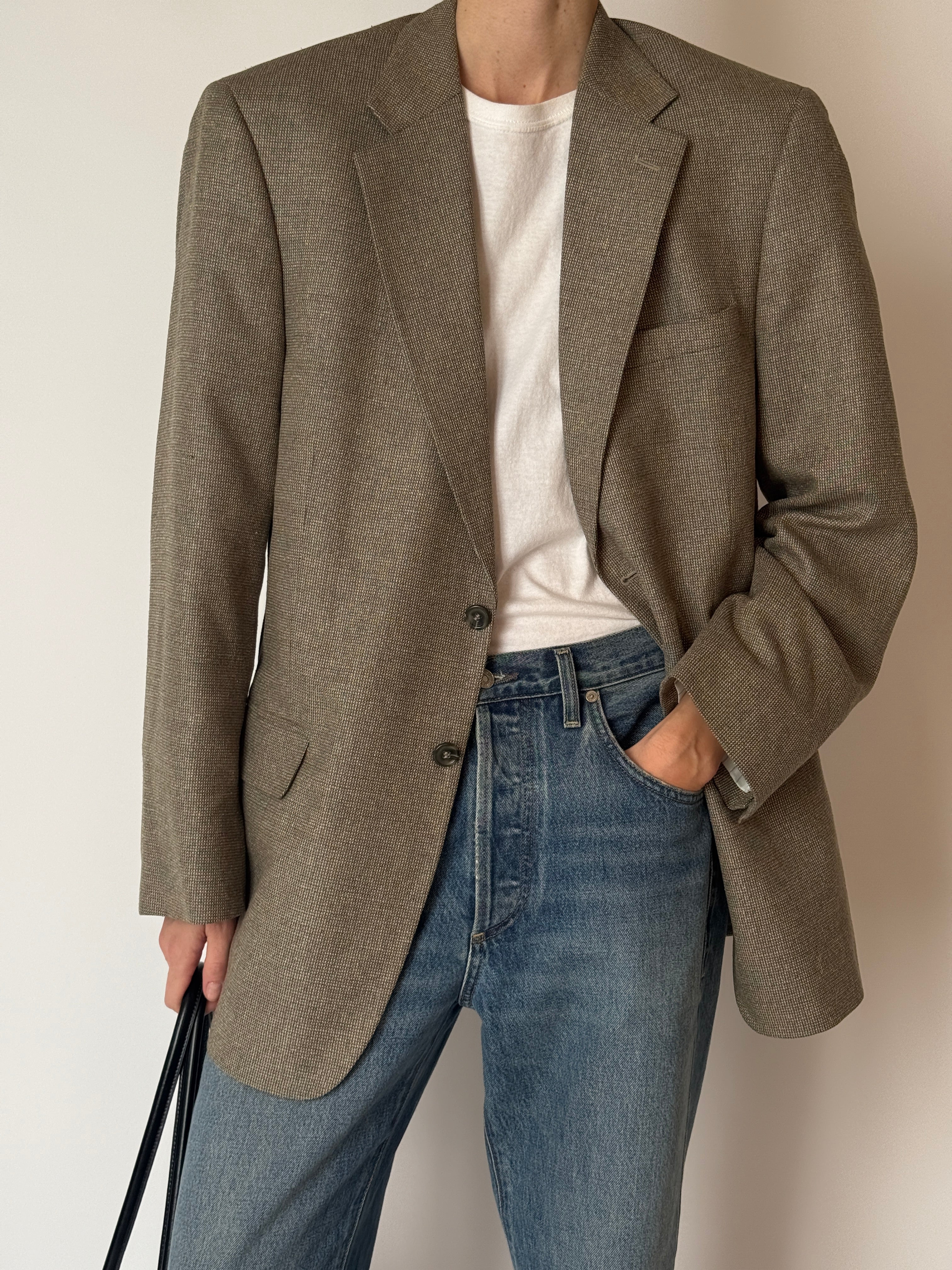 Vintage brown silk wool oversized blazer front view