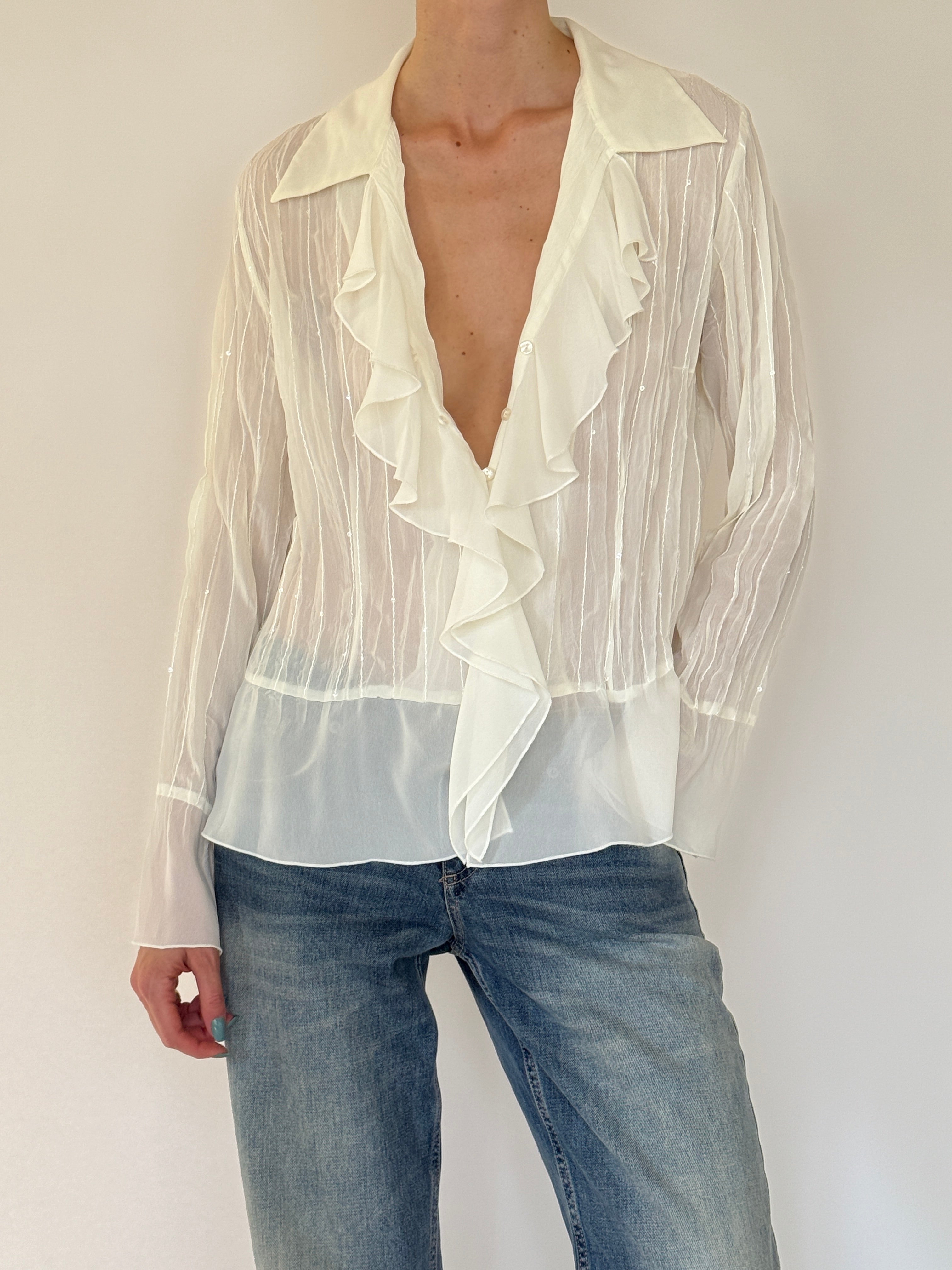 Vintage sheer ruffle blouse front view