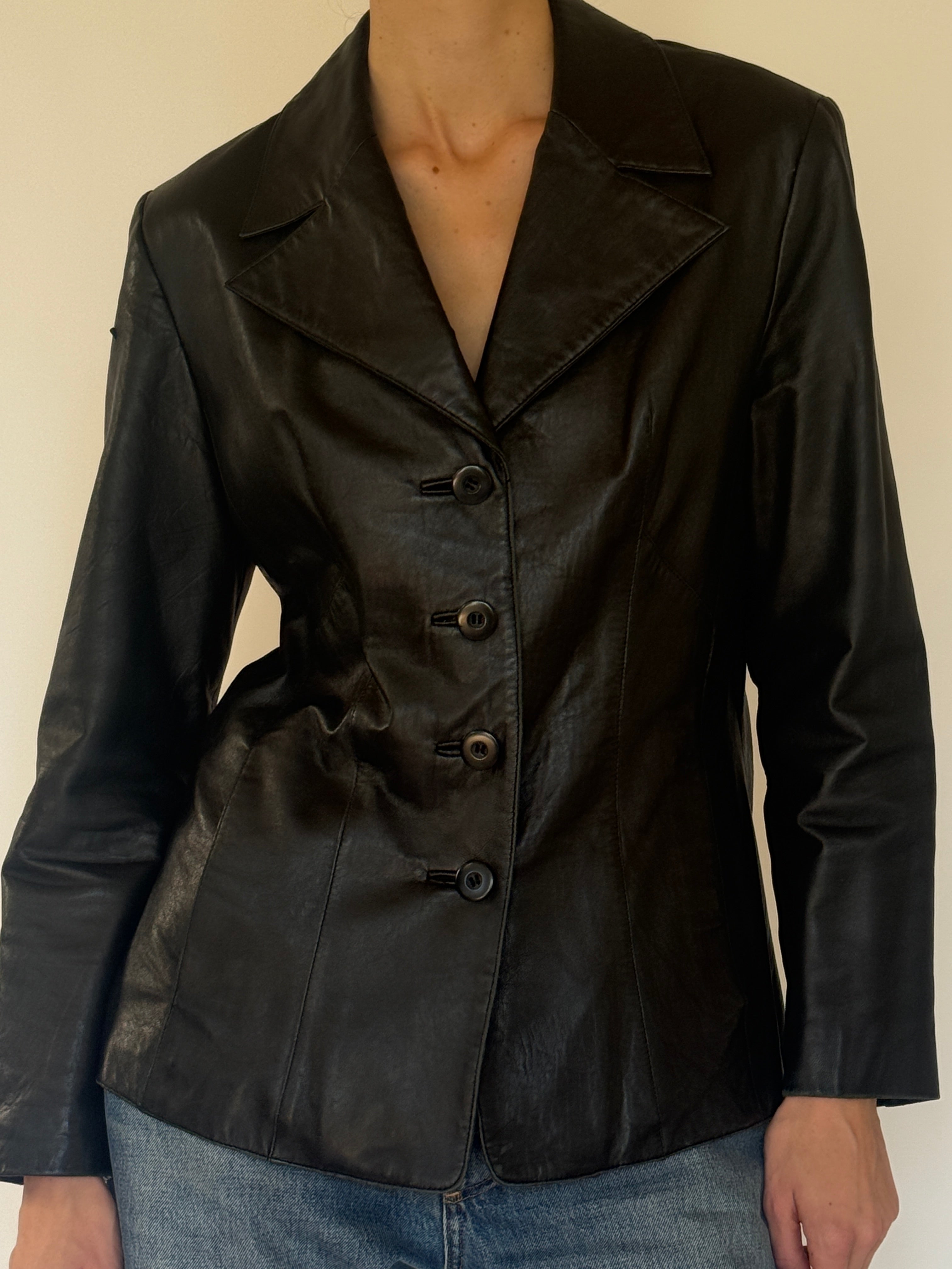 Vintage black leather blazer front view