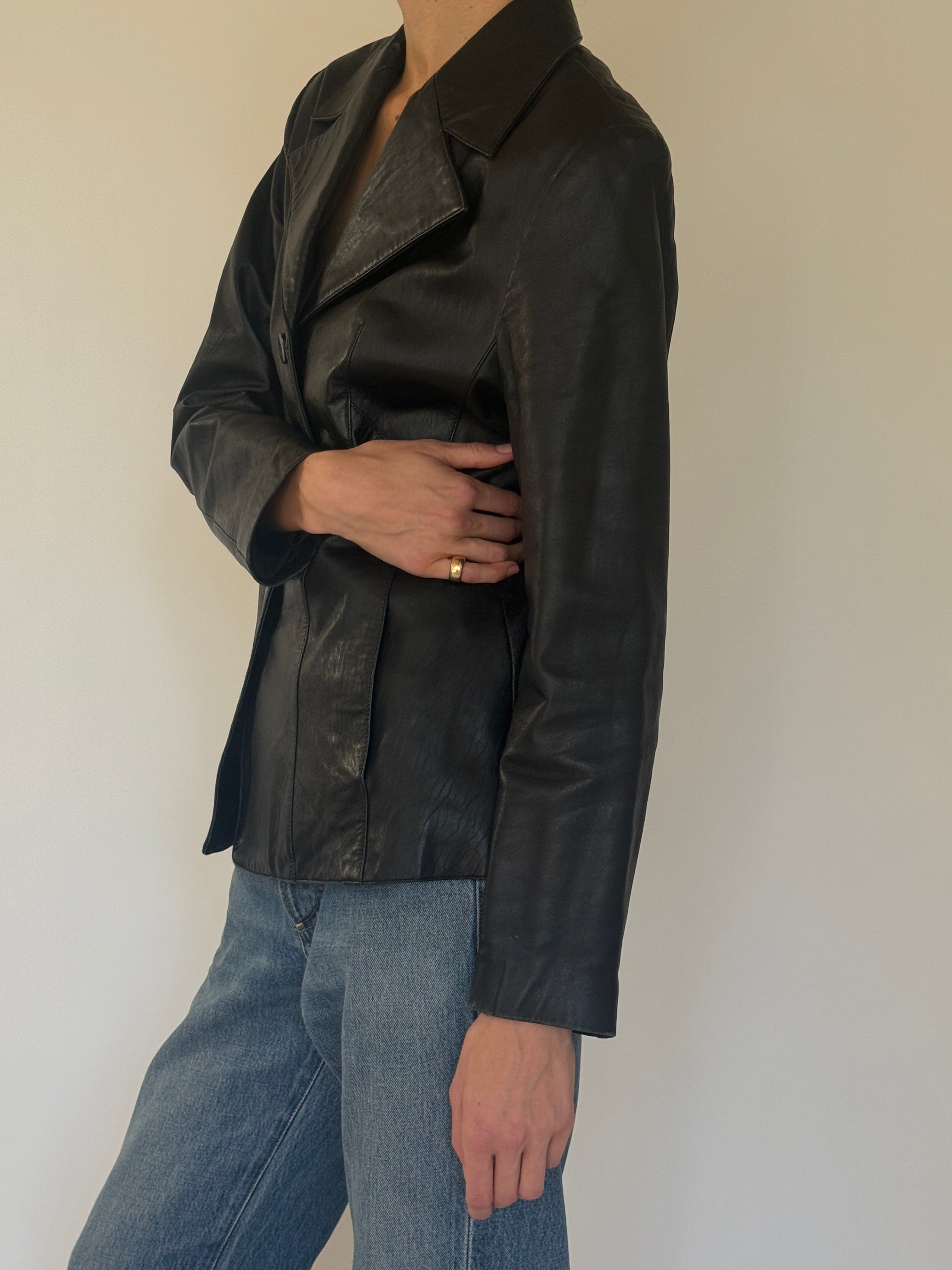 Vintage black leather blazer side view