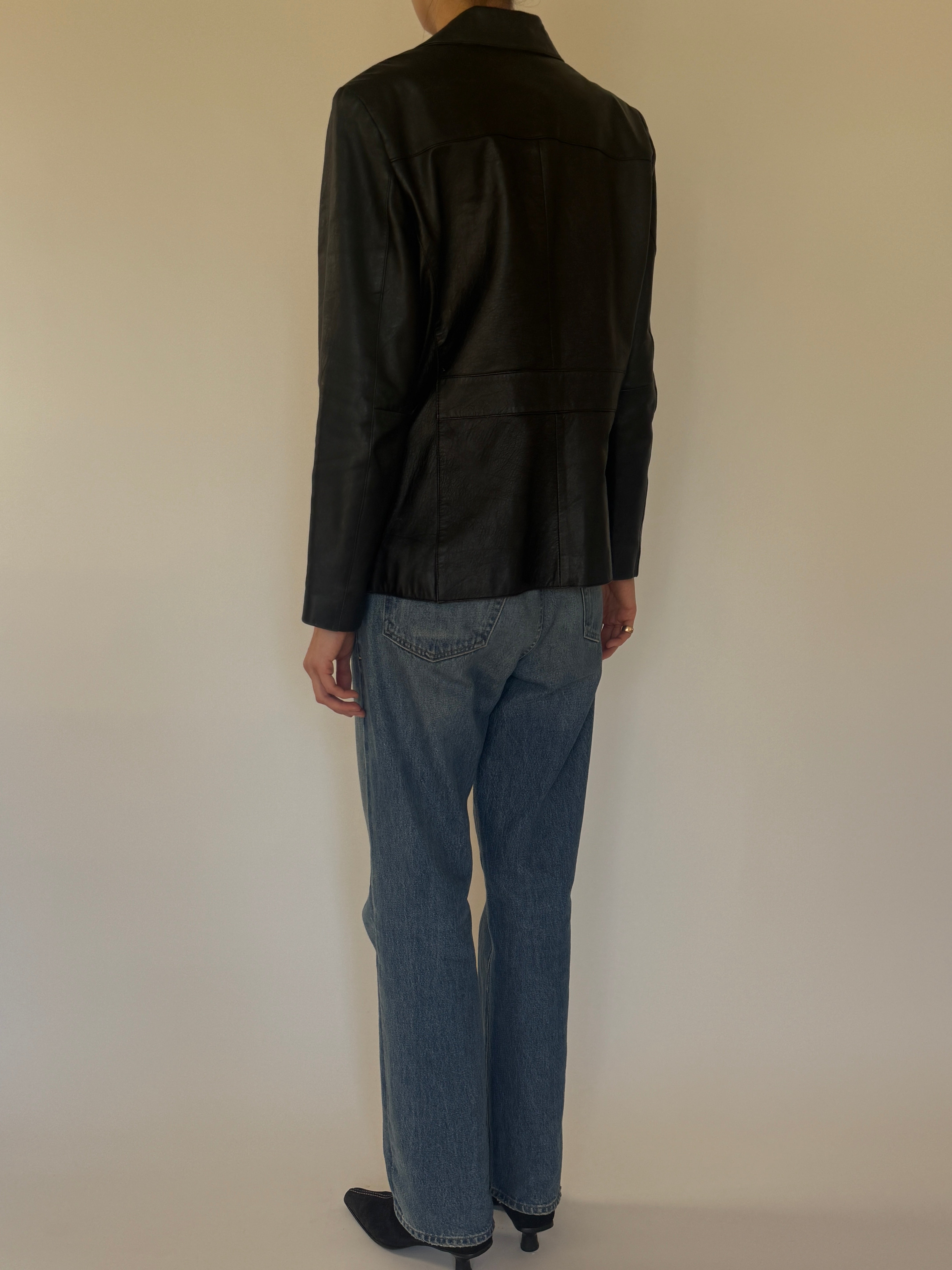 Vintage black leather blazer back view