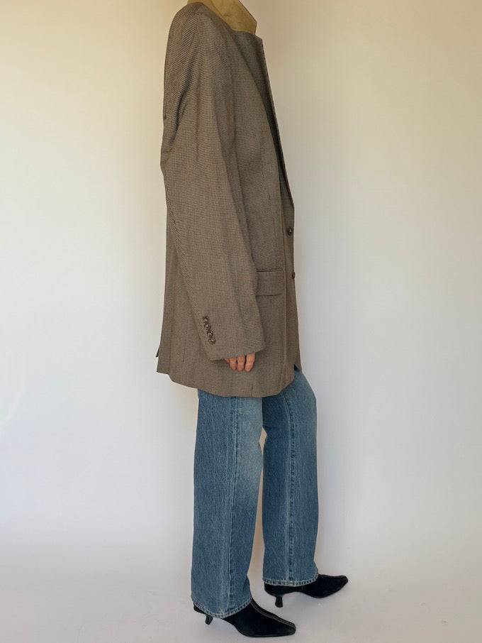 Vintage Oversized Houndstooth Wool Blazer Beige 6586