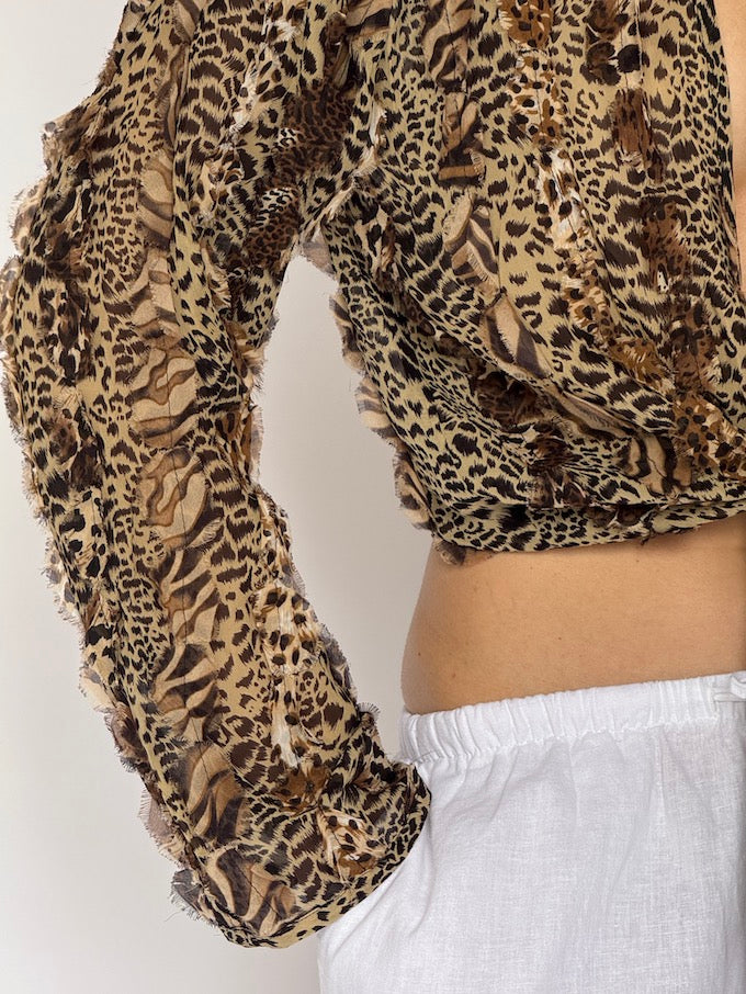 VINTAGE SHEER SILK ANIMAL PRINTED BLOUSE