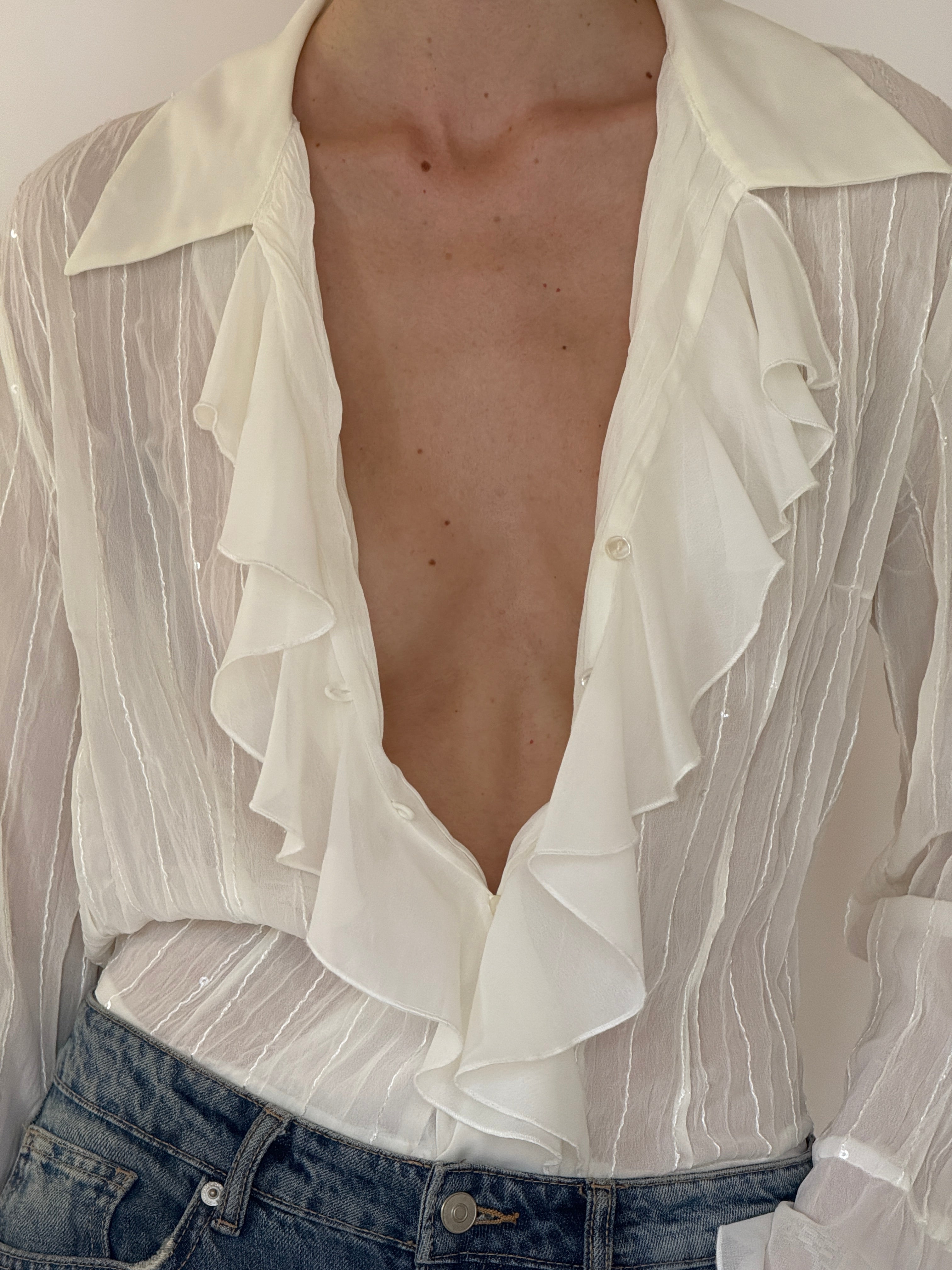 Vintage ruffle front blouse close-up