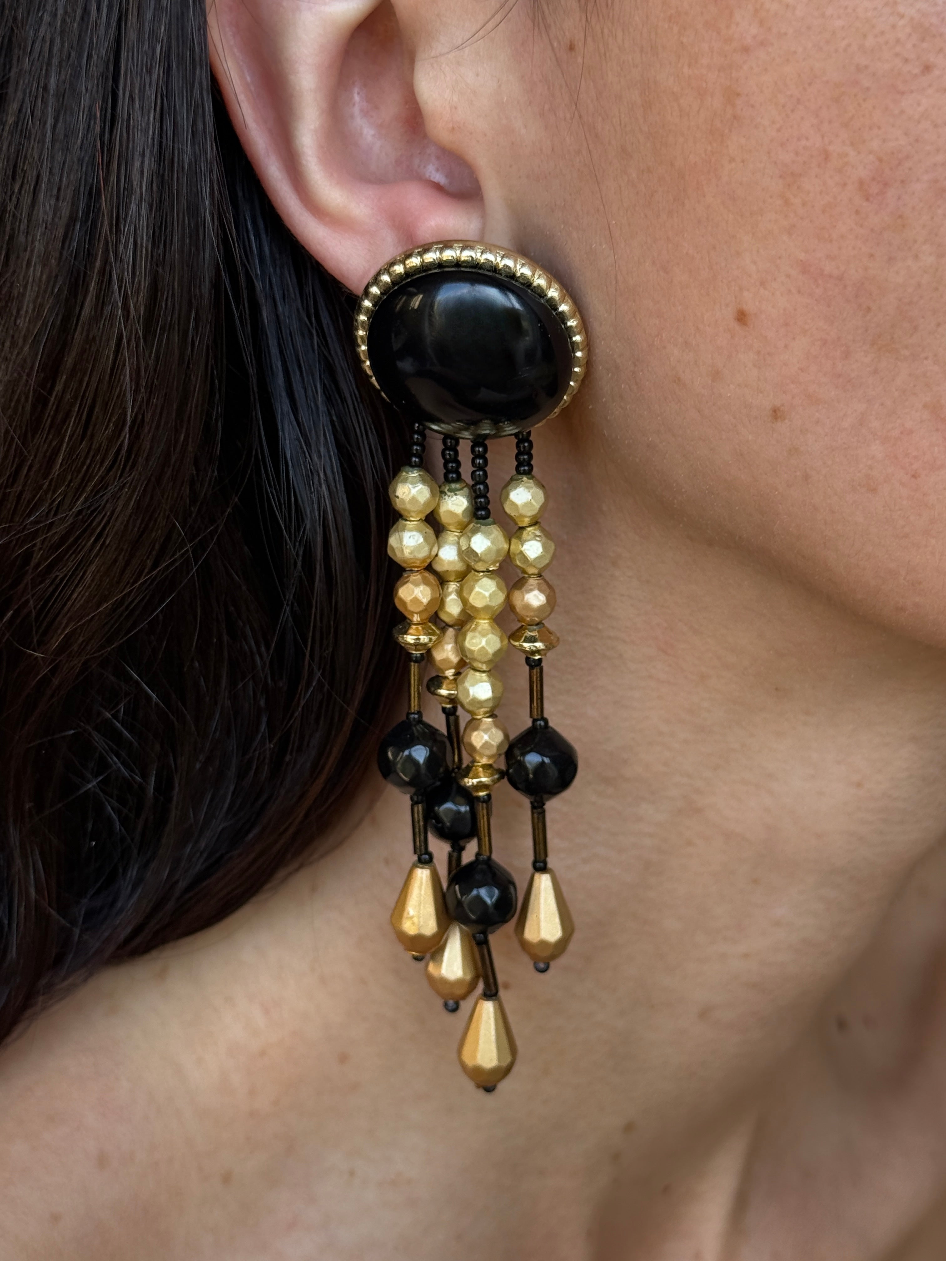 Vintage Beaded Drop Earrings Black Gold