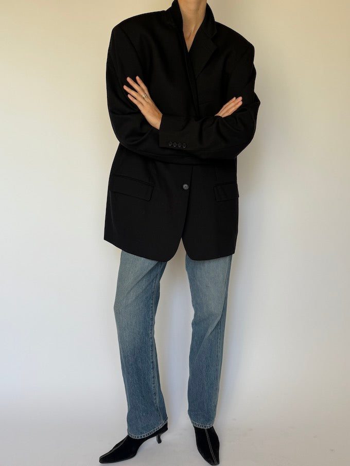 Vintage Single-Breasted Wool Blazer Black 6587