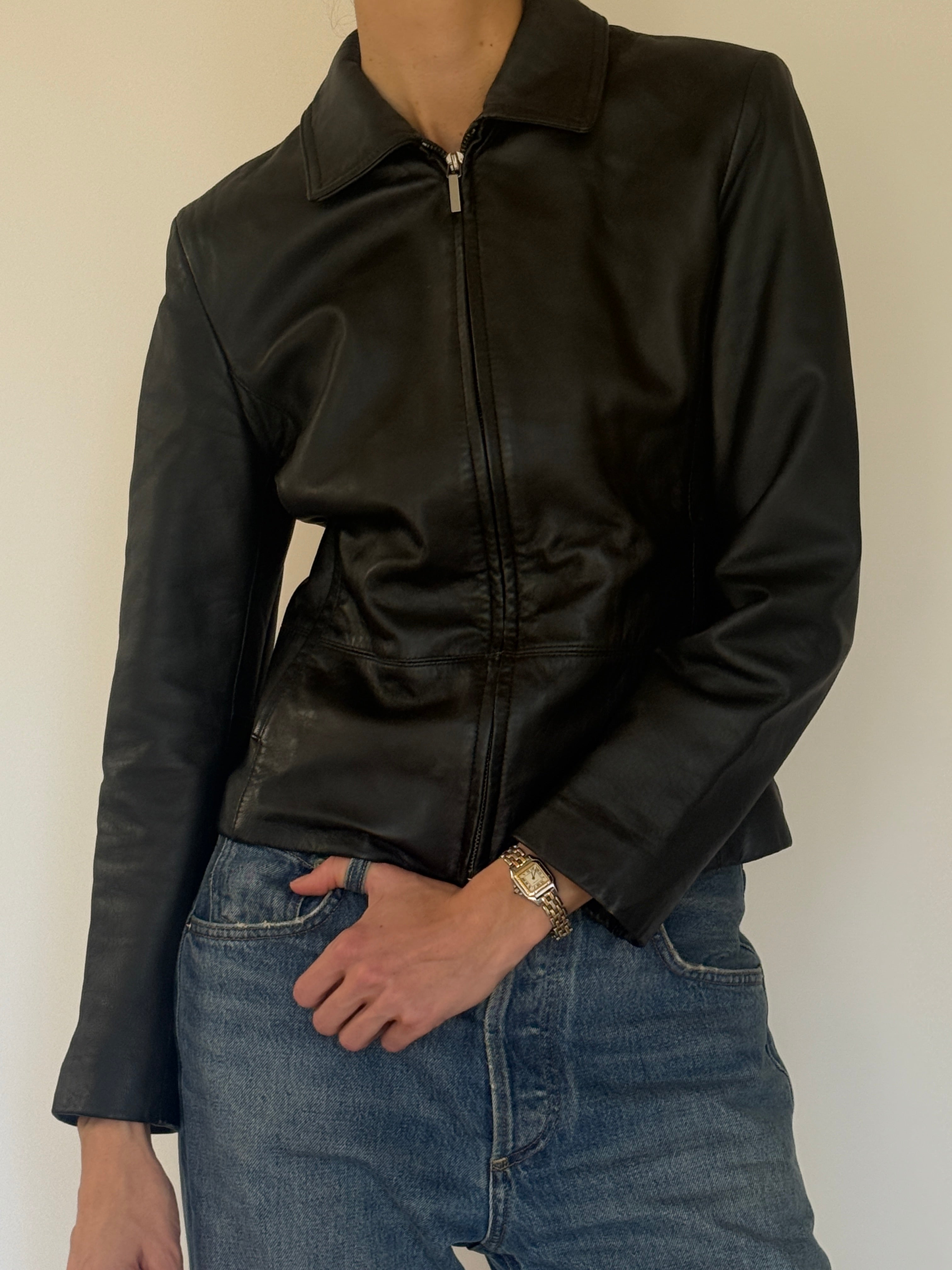 Vintage black leather jacket collar detail