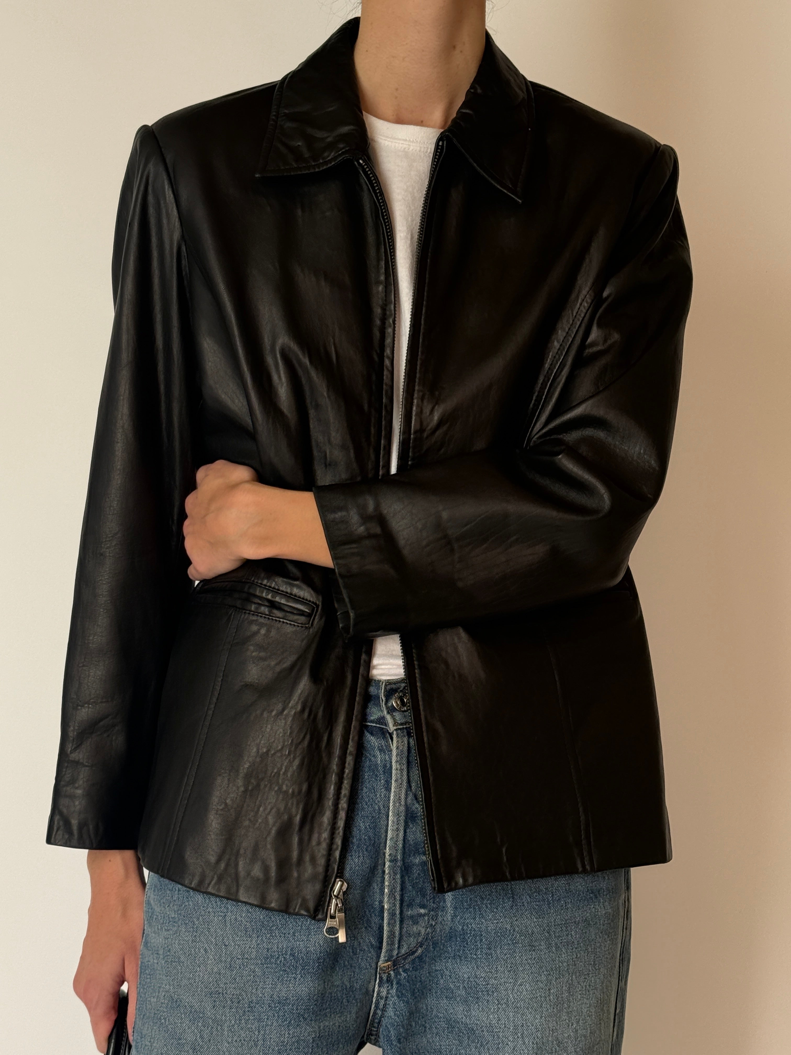 Vintage black leather zip jacket front view