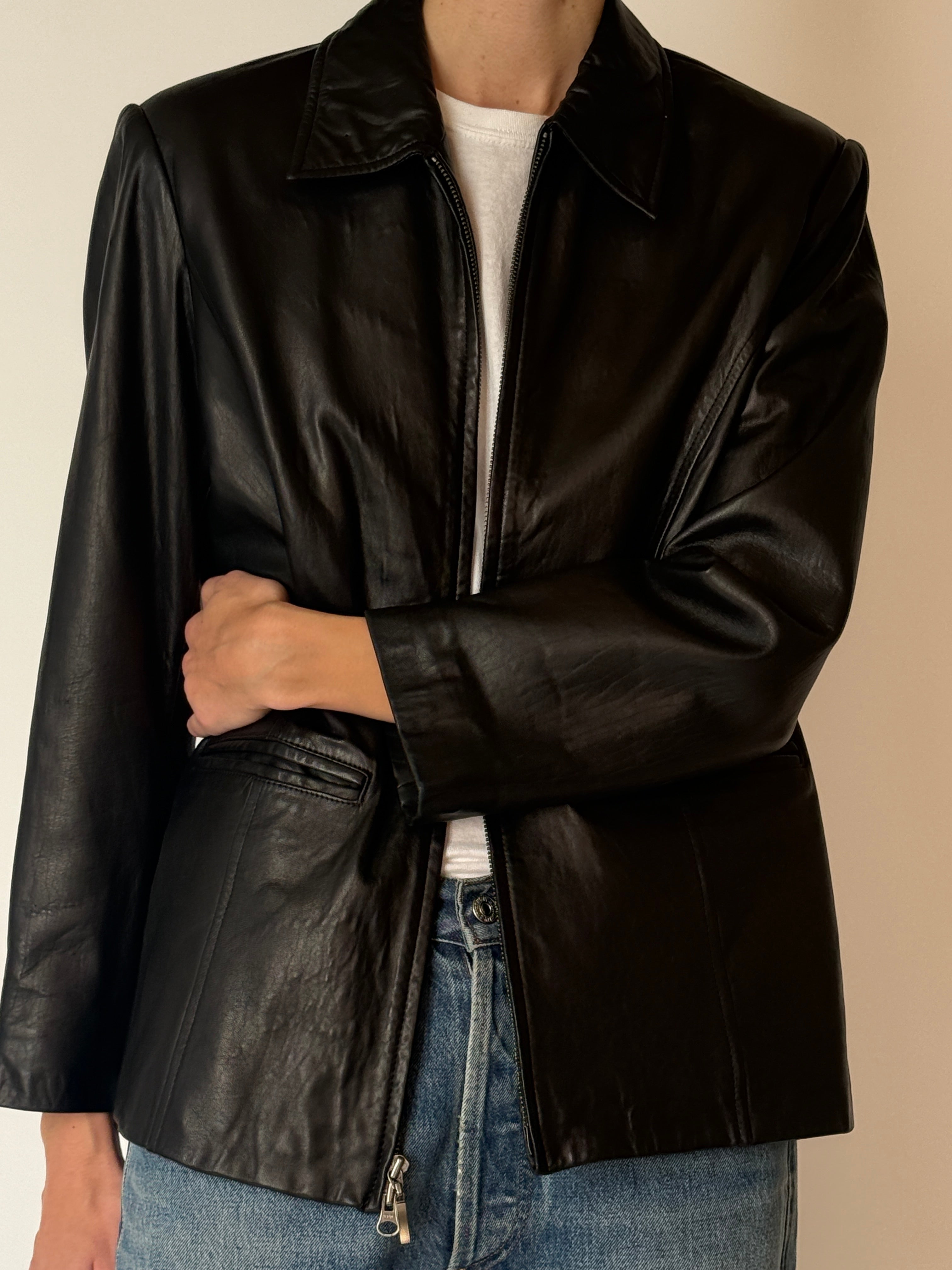 Vintage black leather zip jacket front view