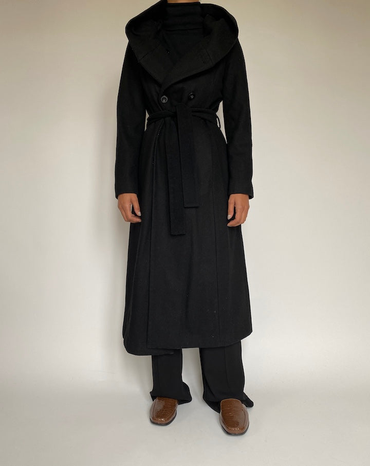 VINTAGE LONG BLACK WOOL BLENDED COAT 2180