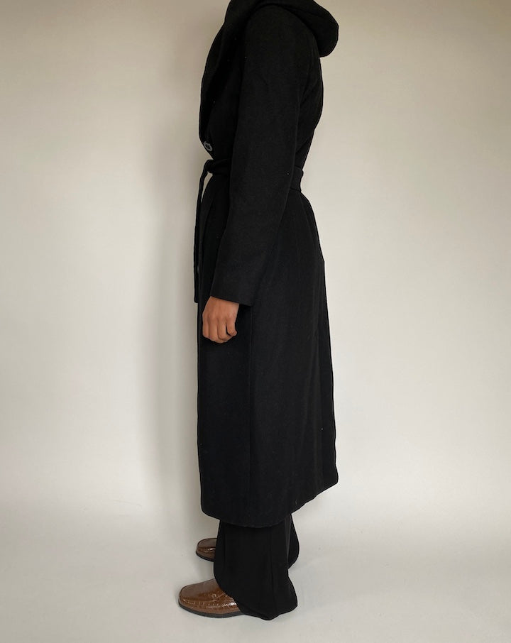 VINTAGE LONG BLACK WOOL BLENDED COAT 2180