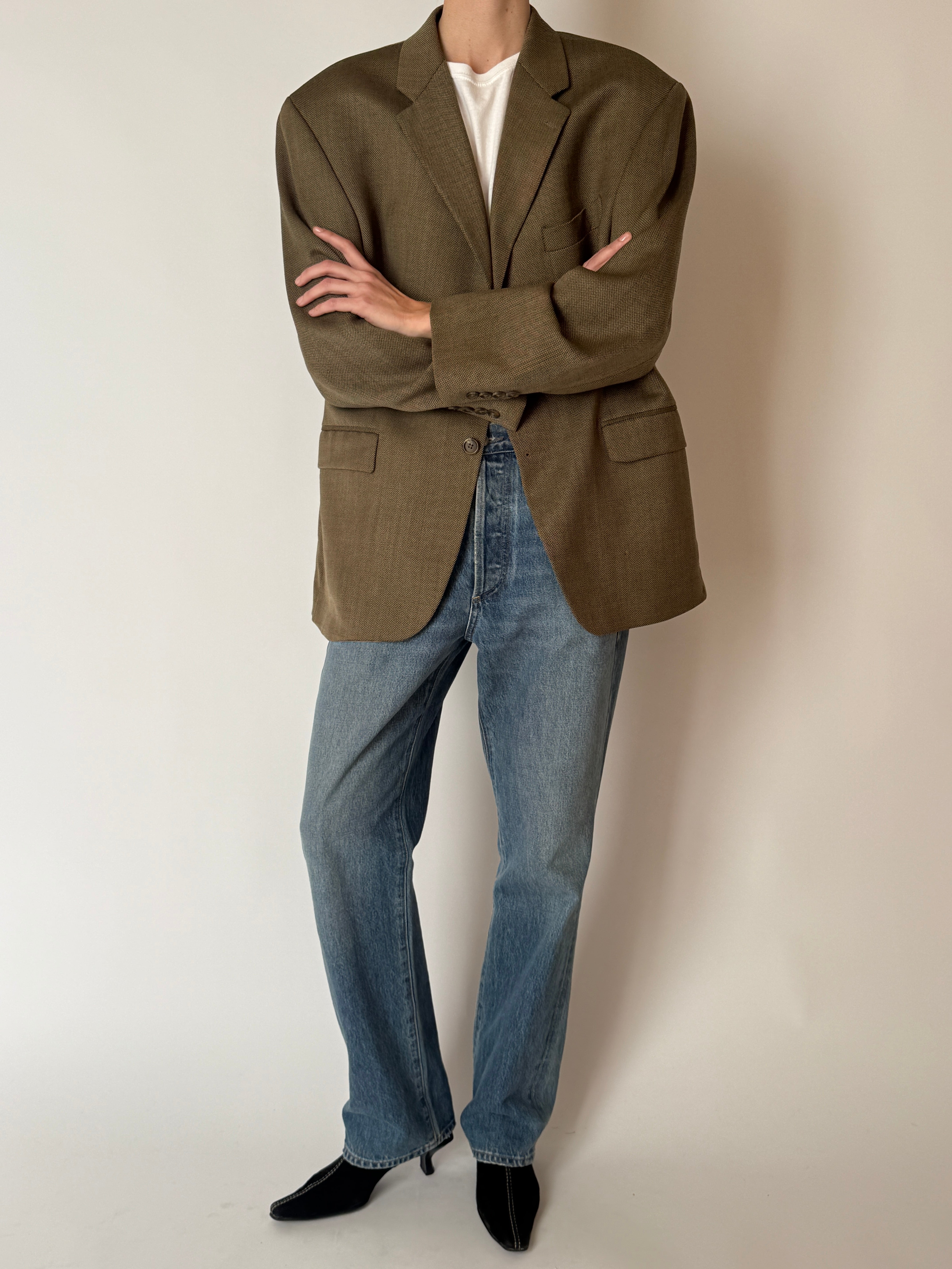 Vintage olive brown wool blazer front view