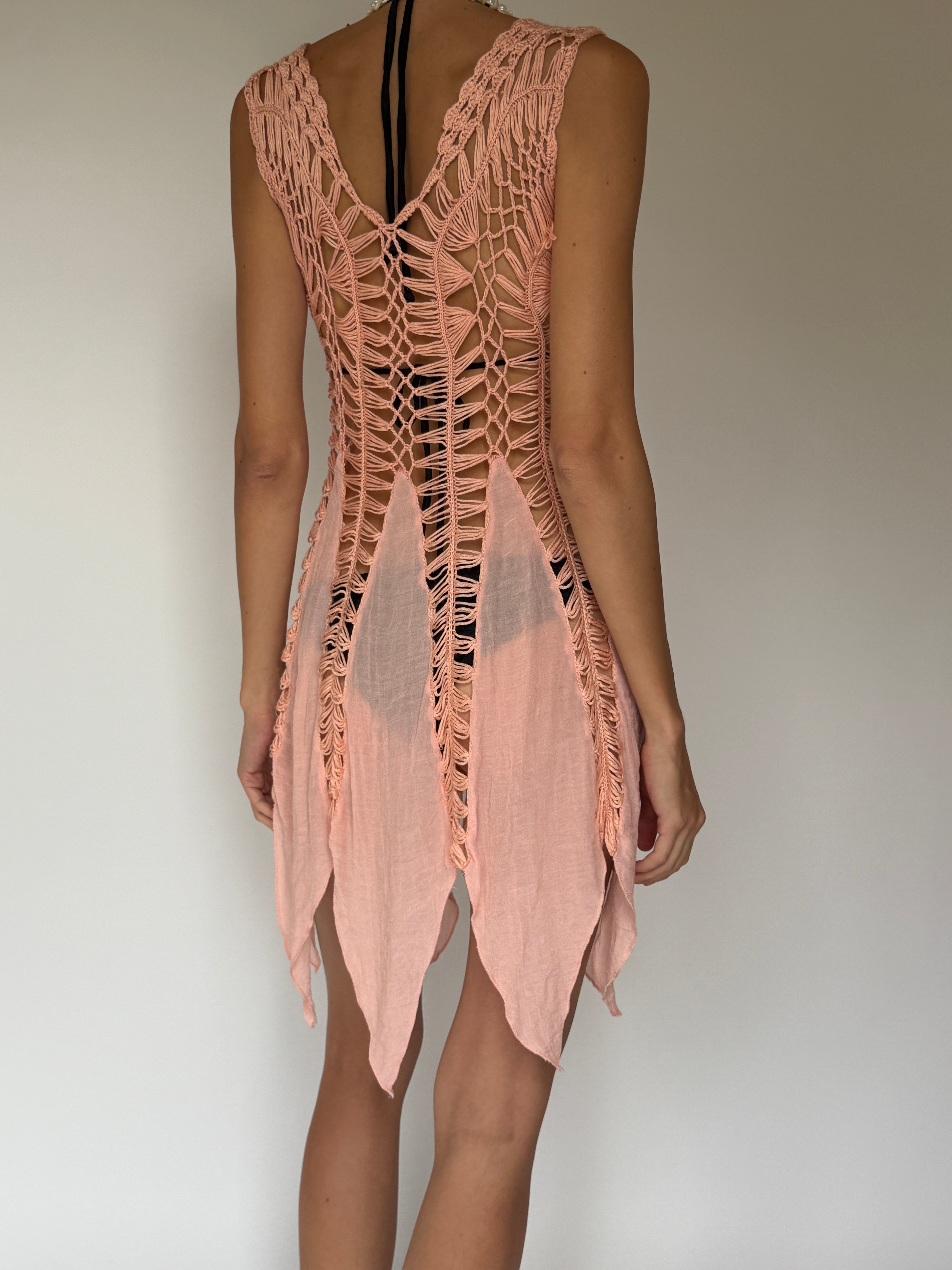 Vintage blush pink crochet swim cover-up back view